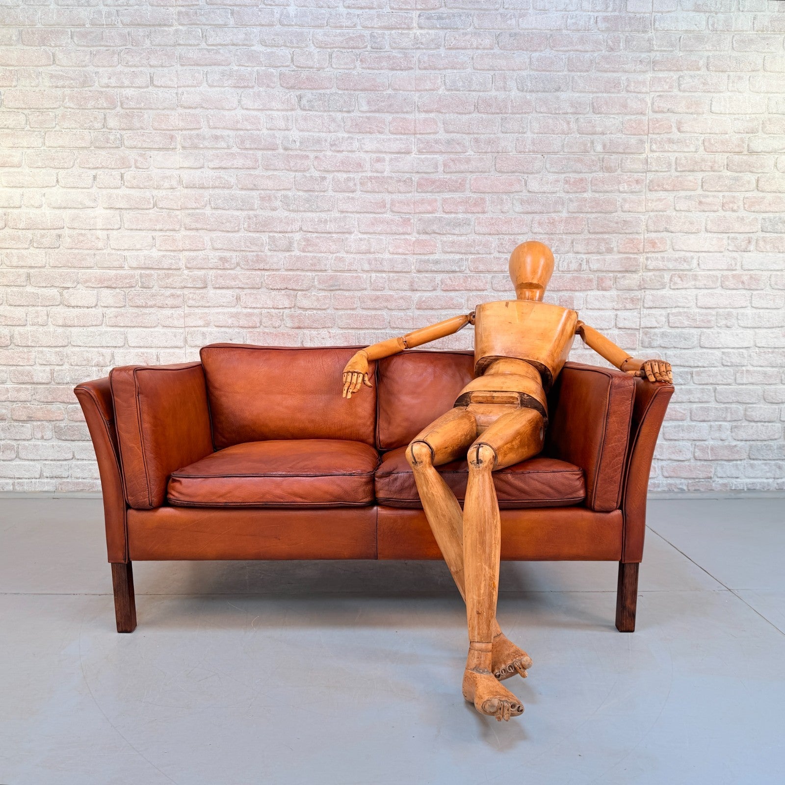 Vintage Danish Tan Leather 2 Seater Sofa Hand Dyed Buffalo Leather Patina