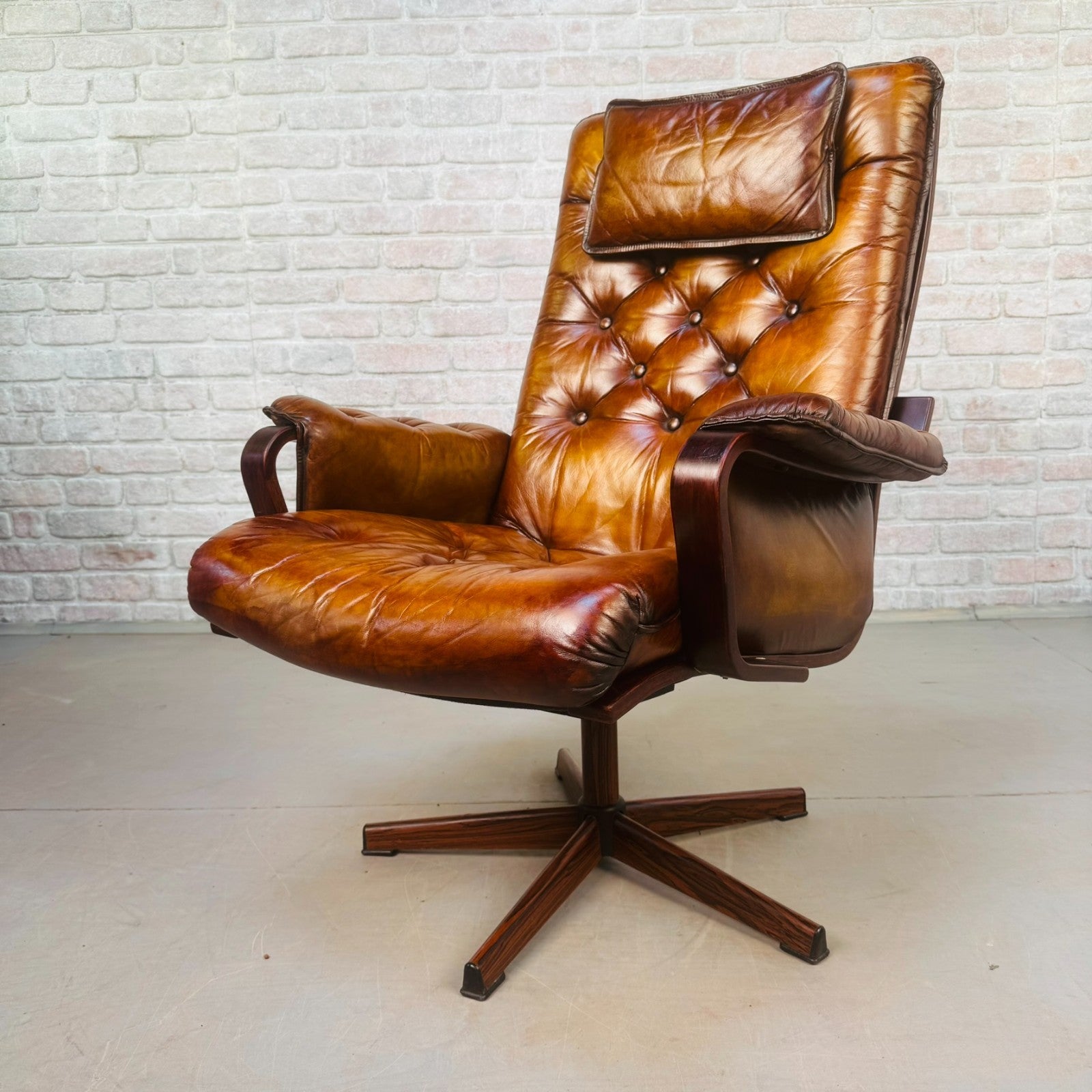 Vintage Scandinavian Tan Leather Swivel Chair