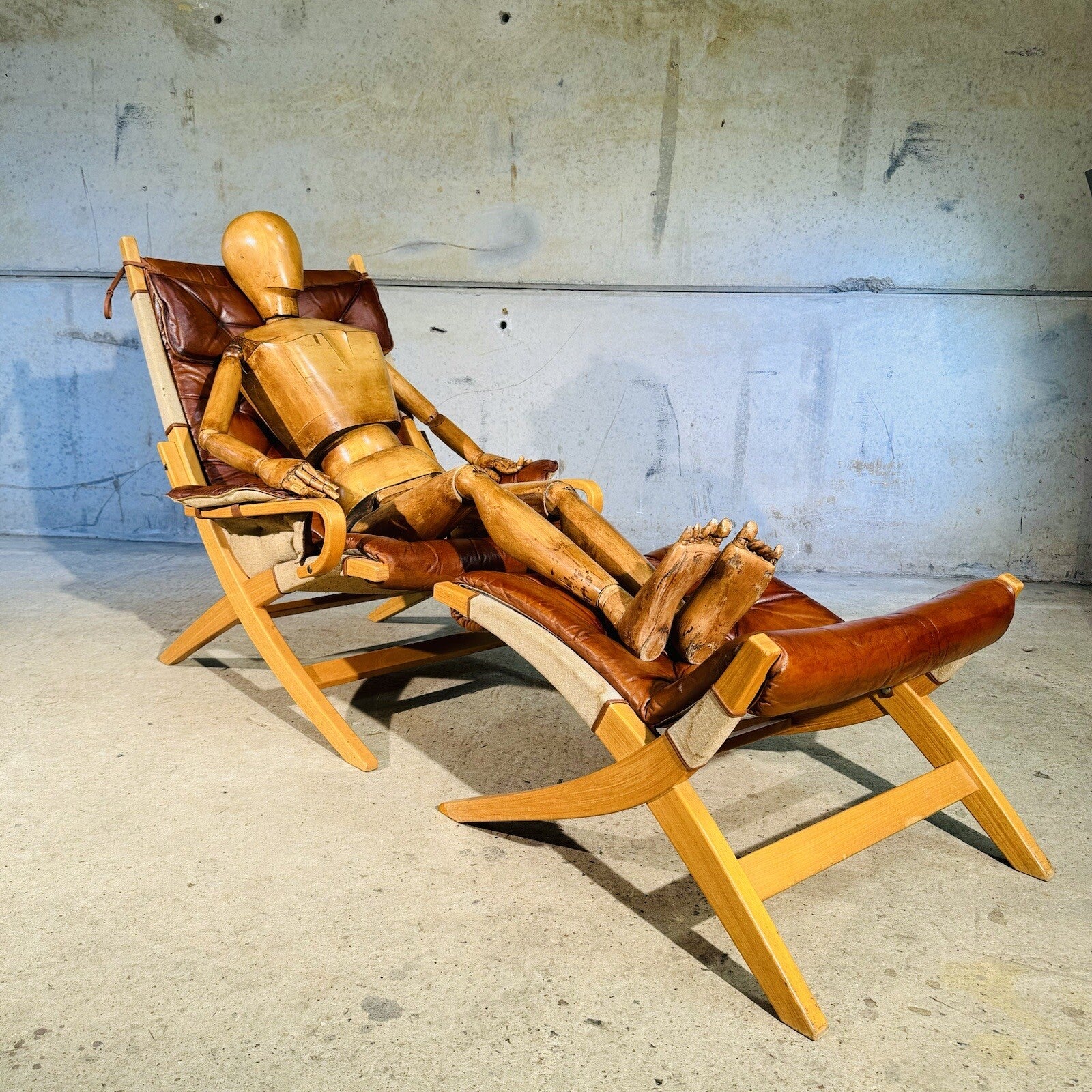 Stylish Swedish 1970s Tan Leather And Canvas Armchair and Footstool