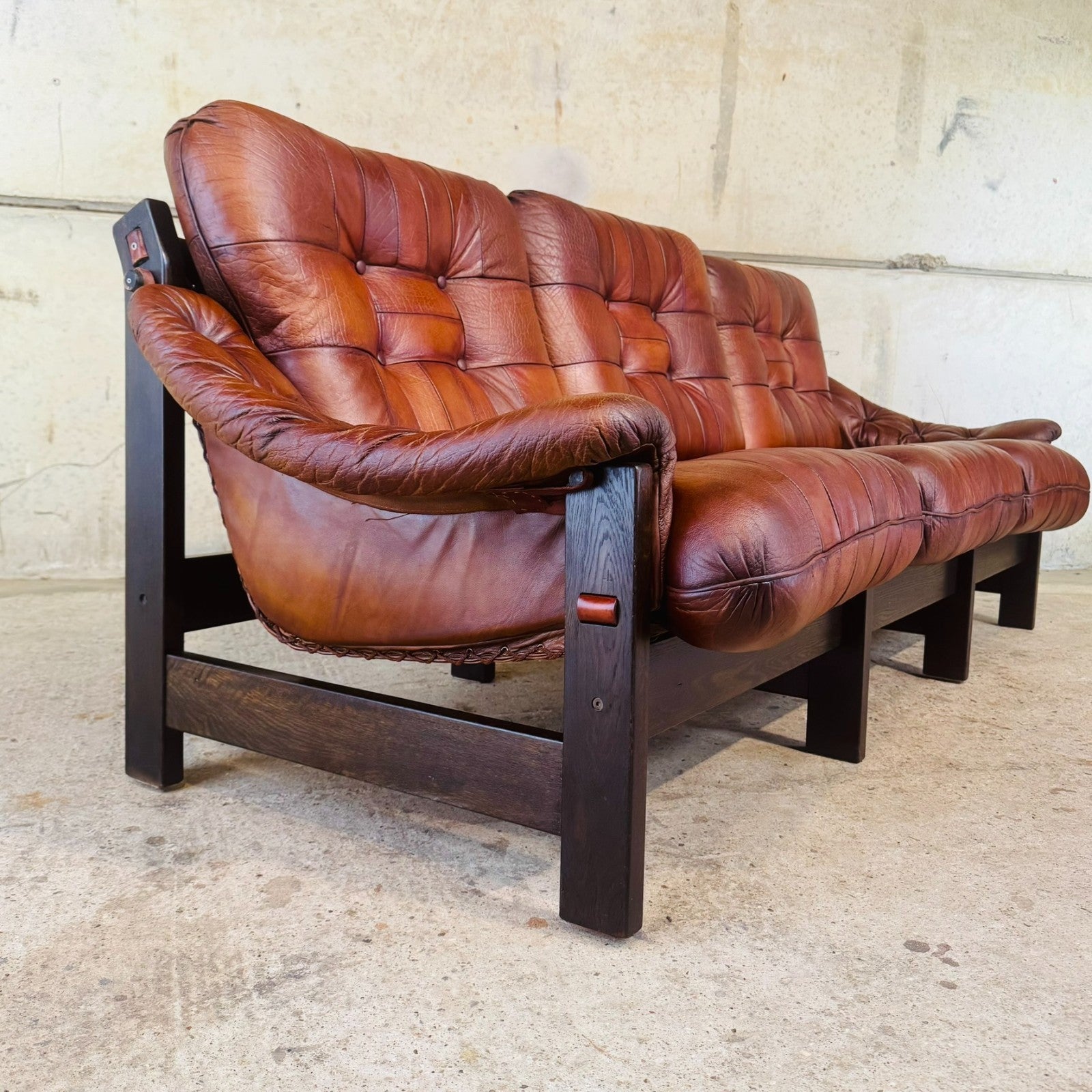 1970s Jean Gillon Brazilian Oak & Tan Leather Three-Seater Sofa