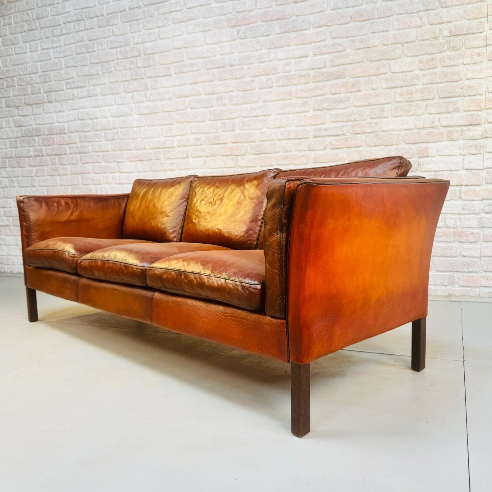 Vintage 1970s Danish Tan Leather Three Seater Sofa
