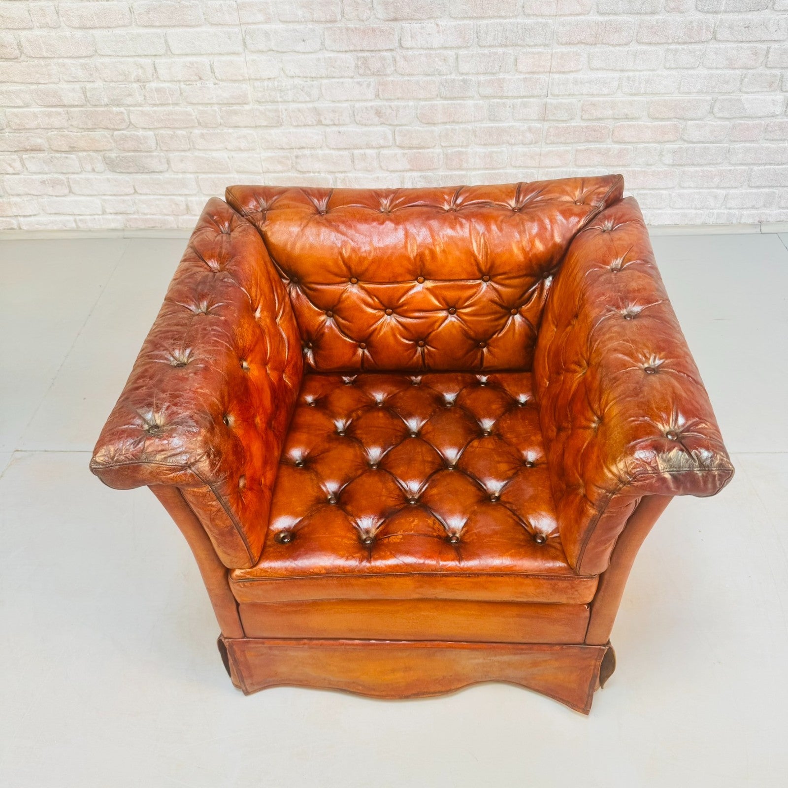 Vintage 1970s Danish Buttoned Tan Leather Armchair