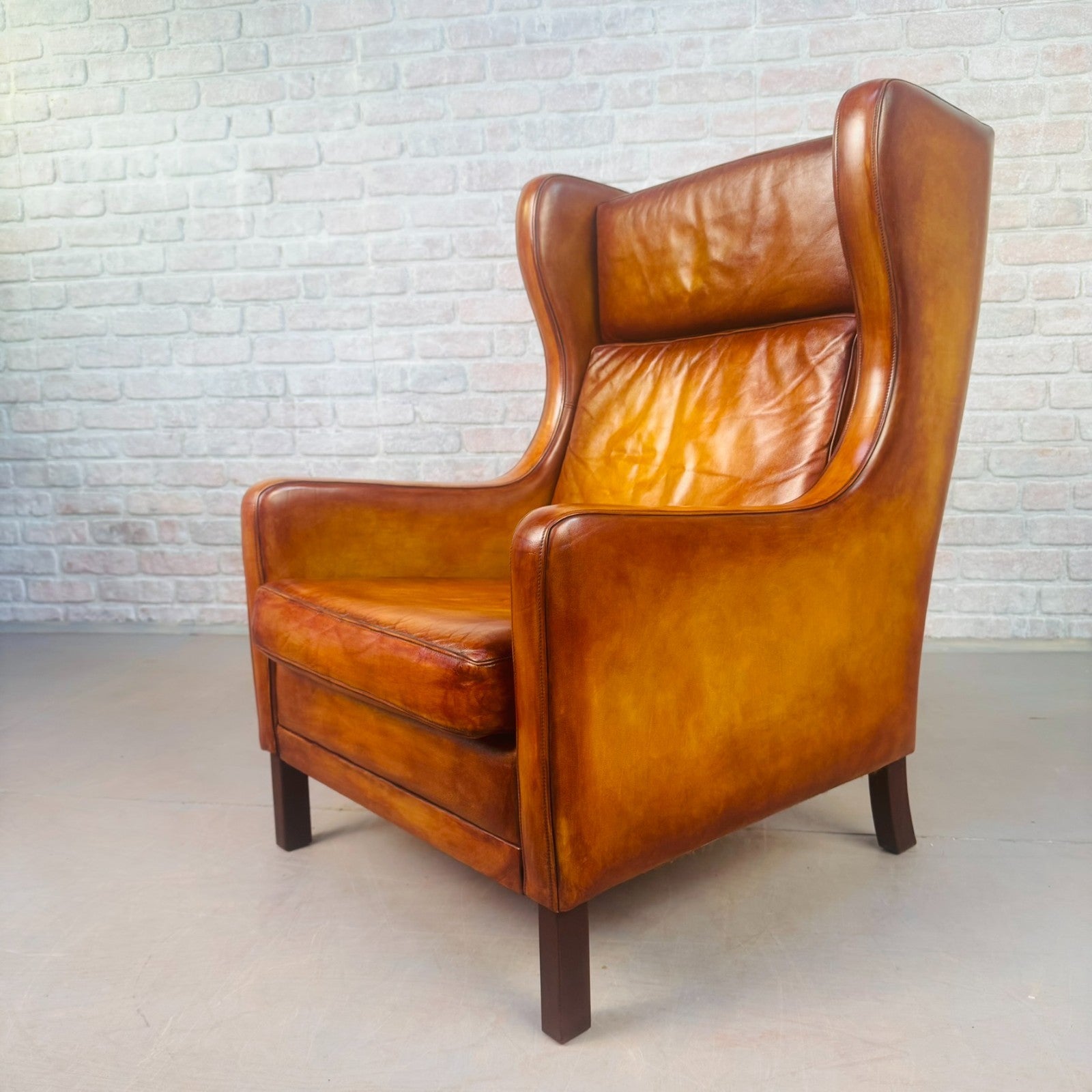 Vintage 1970s Danish High Back Tan Leather Armchair Mid Century Lounge Chair