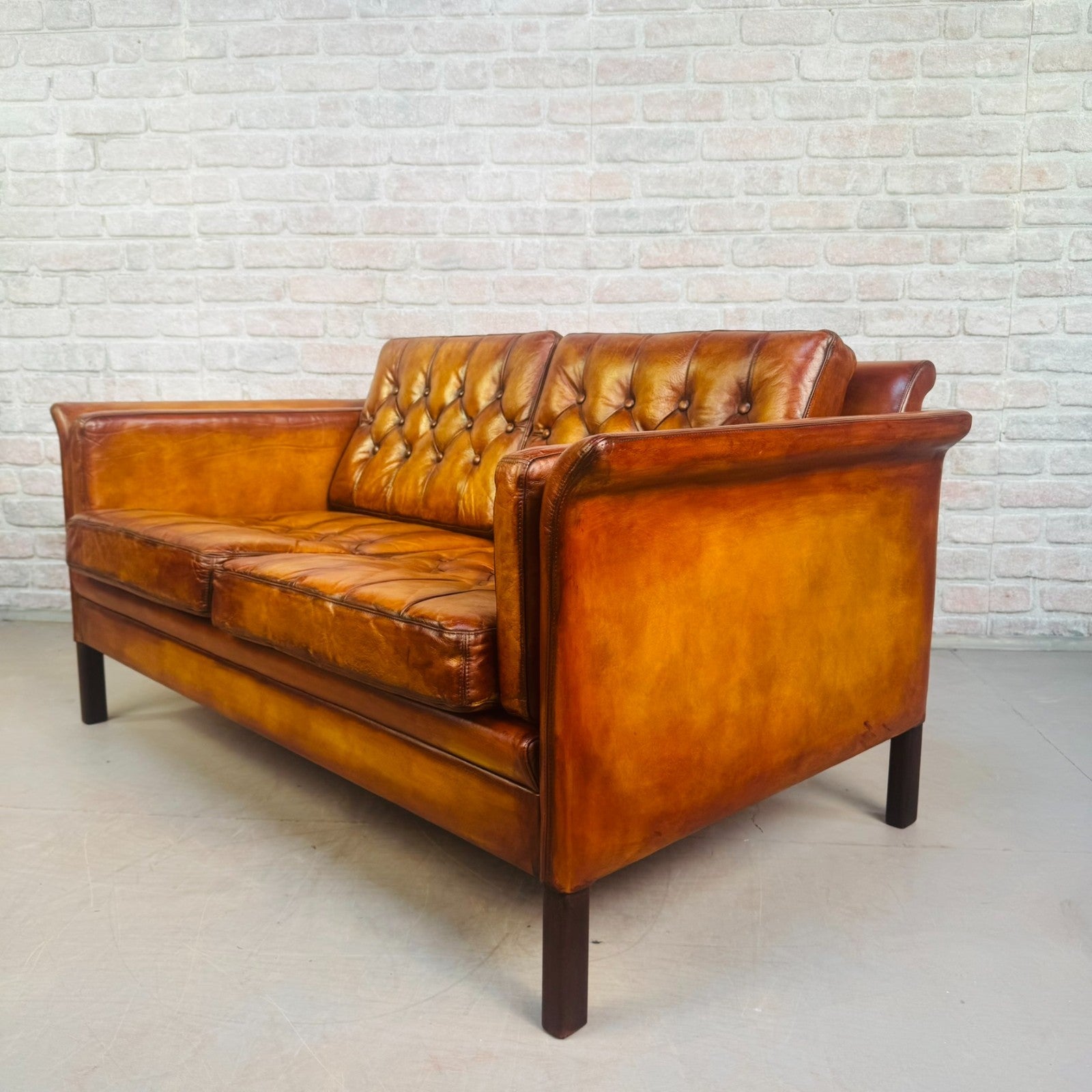 Vintage 1970s Danish Tan Leather 2 Seater Sofa Buttoned Mid Century