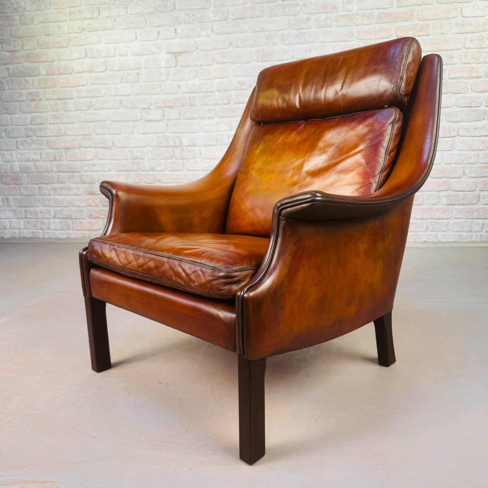 Vintage 1960s Aage Christiansen High Back Tan Leather Armchair