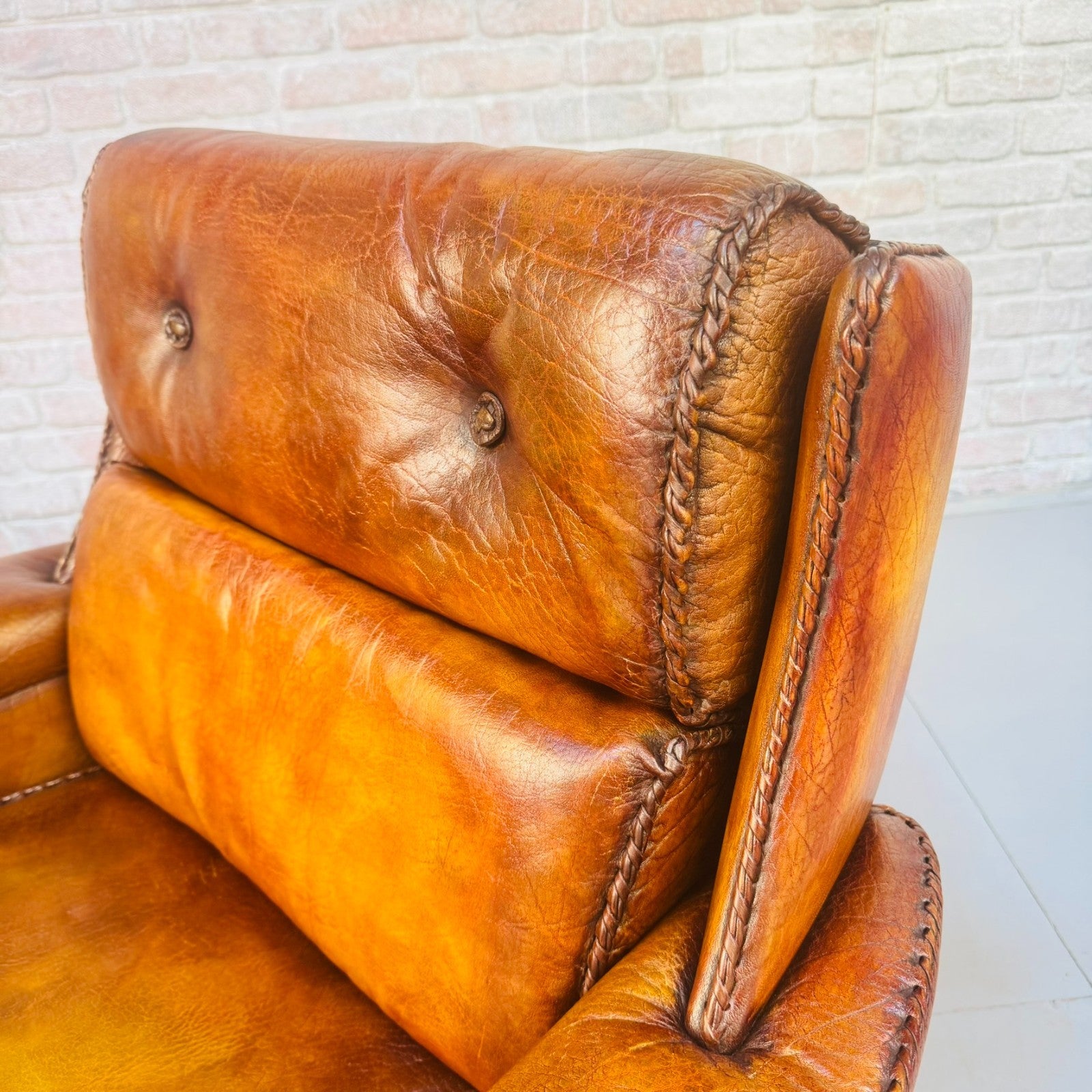 Pair Danish Swivel Chairs Tan Bison Leather Hand Plaited Lounge Chairs
