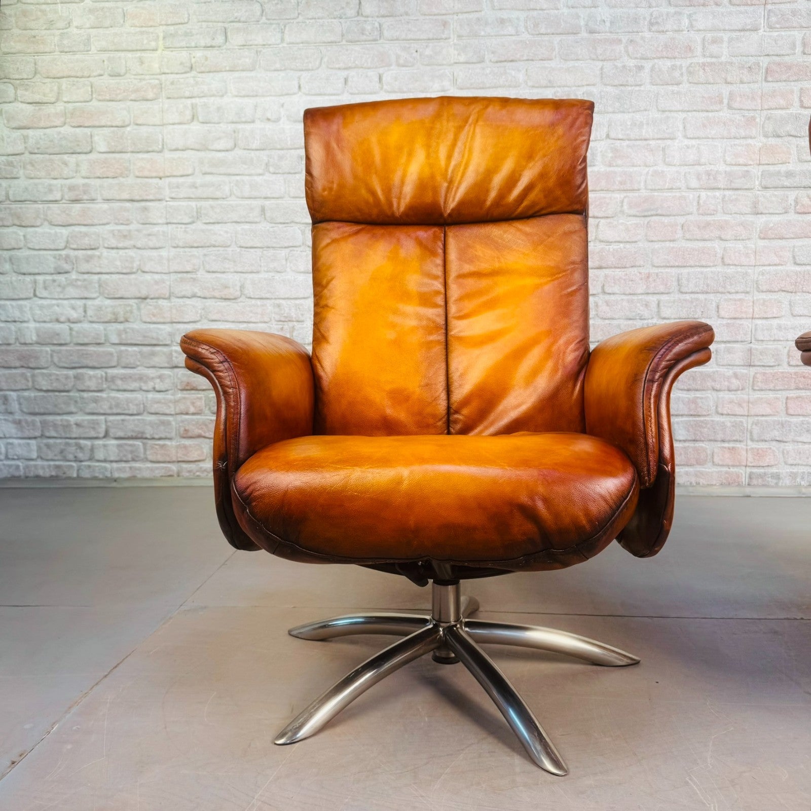Vintage Pair of Danish High Back Swivel Recliner Chairs – Light Tan Leather