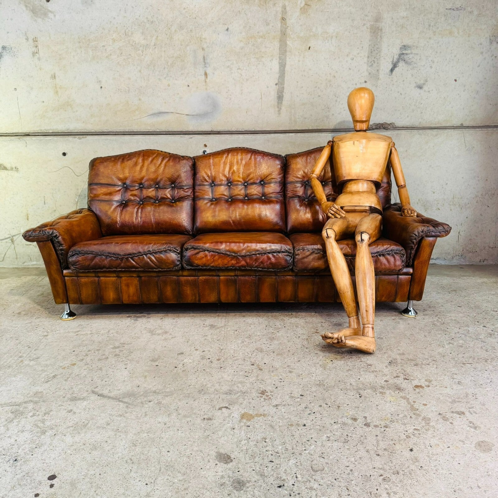 1970s Danish Rustic Tan Leather Three-Seater Sofa – Full Grain Buffalo