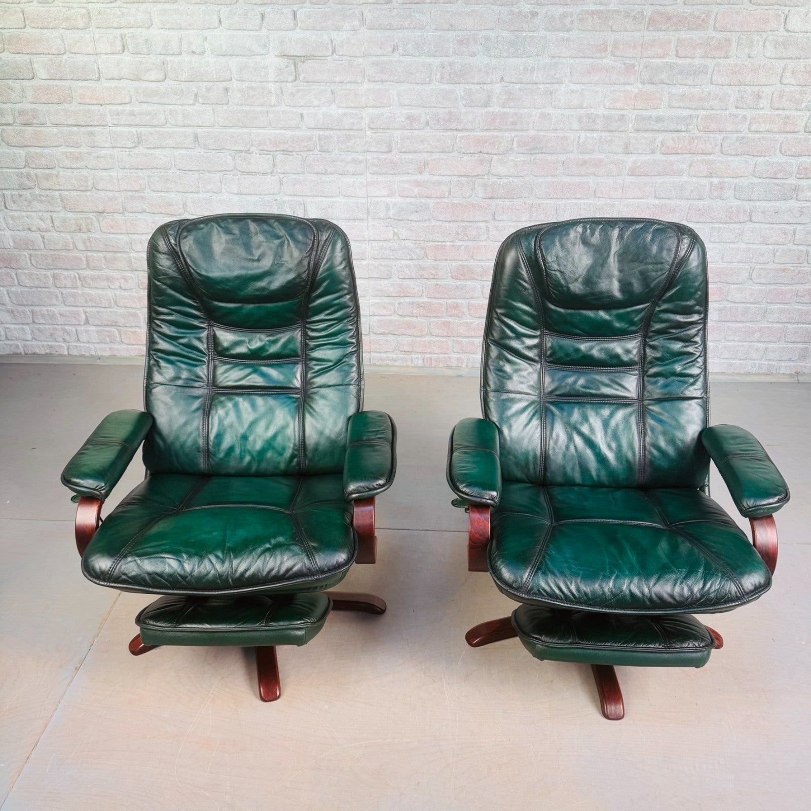 Vintage Pair of Norwegian Green Leather Reclining Swivel Chairs with Footstools