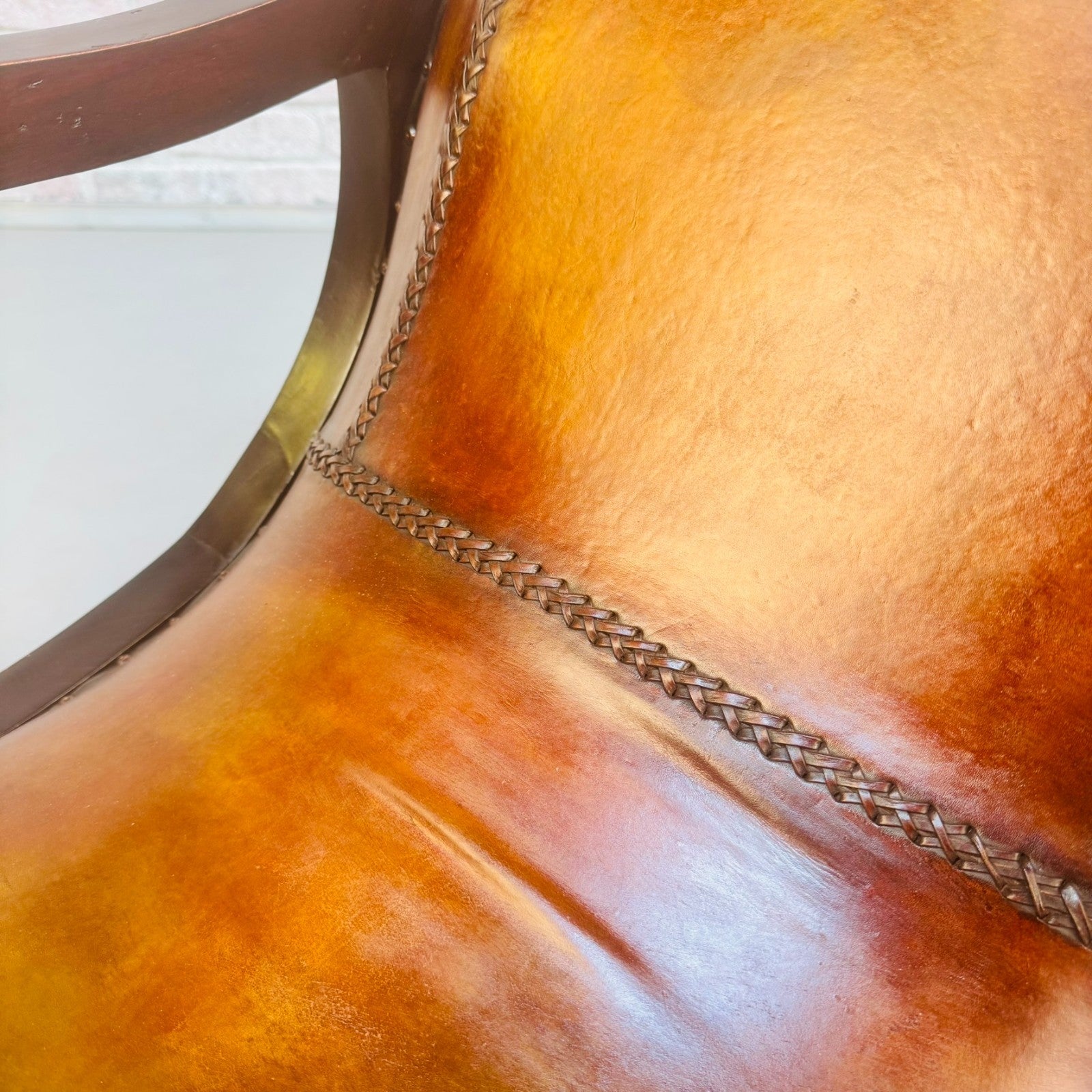 Vintage Danish Pair of Tan Leather Slipper Lounge Armchairs Mahogany Frame 1970s