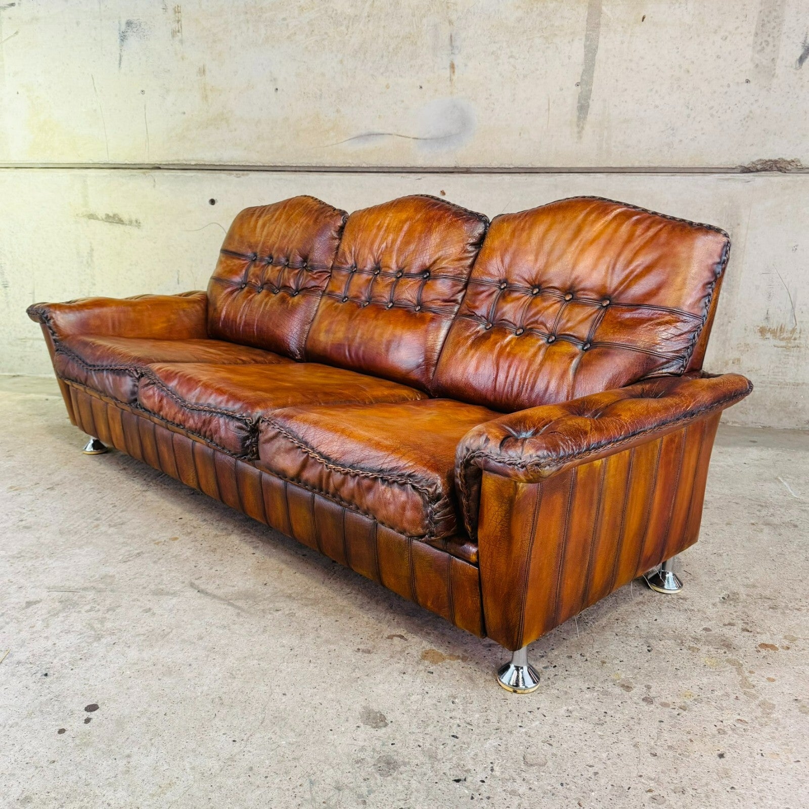 1970s Danish Rustic Tan Leather Three-Seater Sofa – Full Grain Buffalo