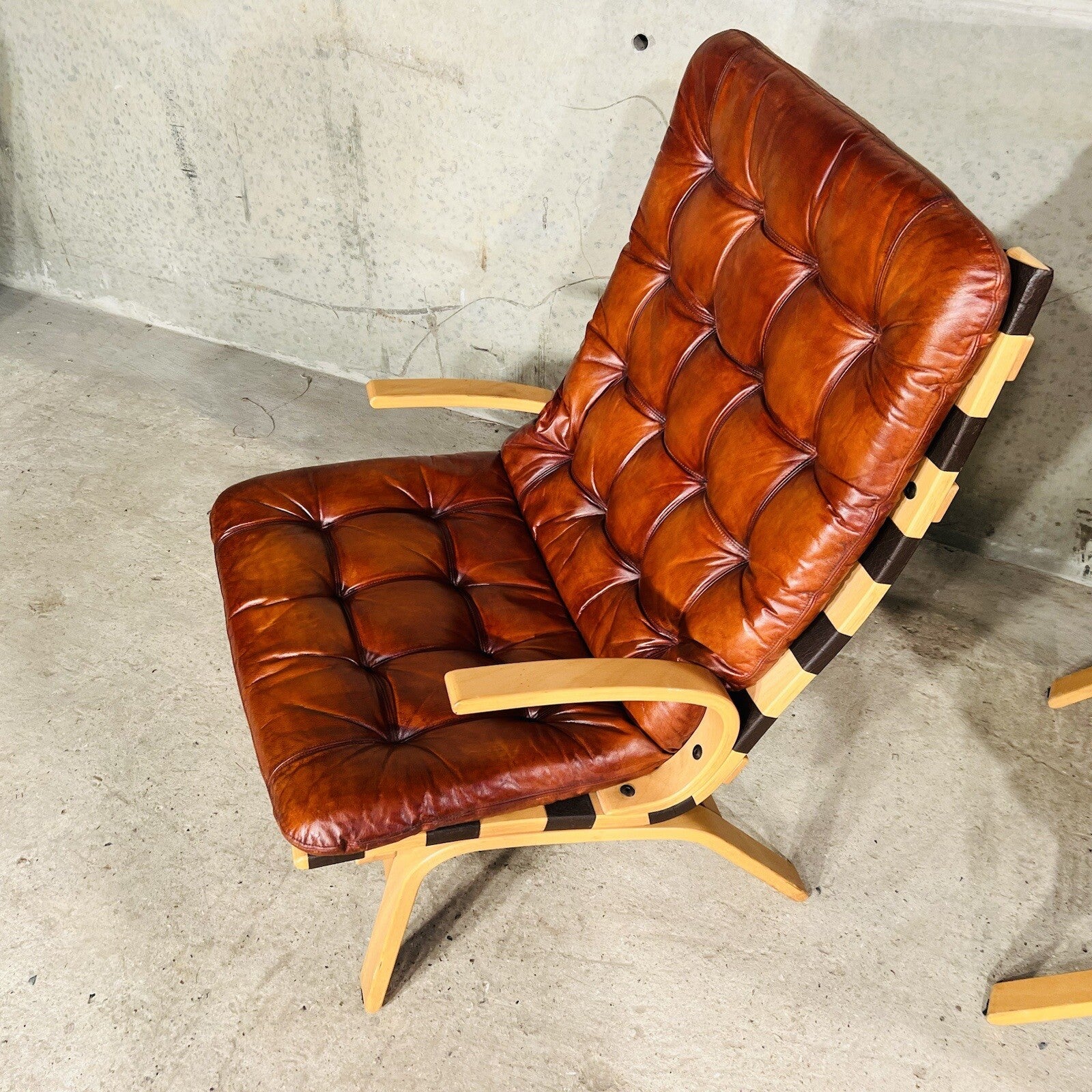 Wide Back Vintage 1970s Danish Cognac Leather Birch Bentwood Pair of Chairs