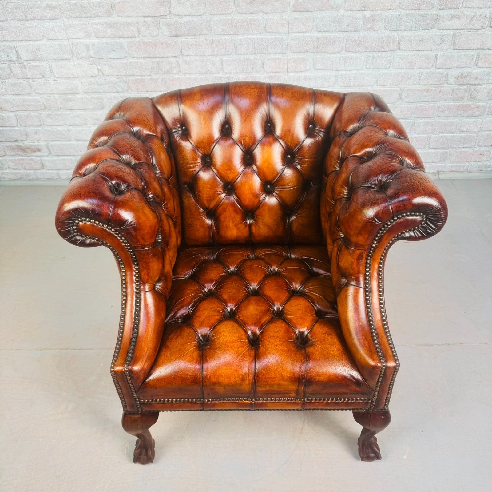 Vintage English Chesterfield Tan Leather Armchair Ball & Claw Mahogany Chair