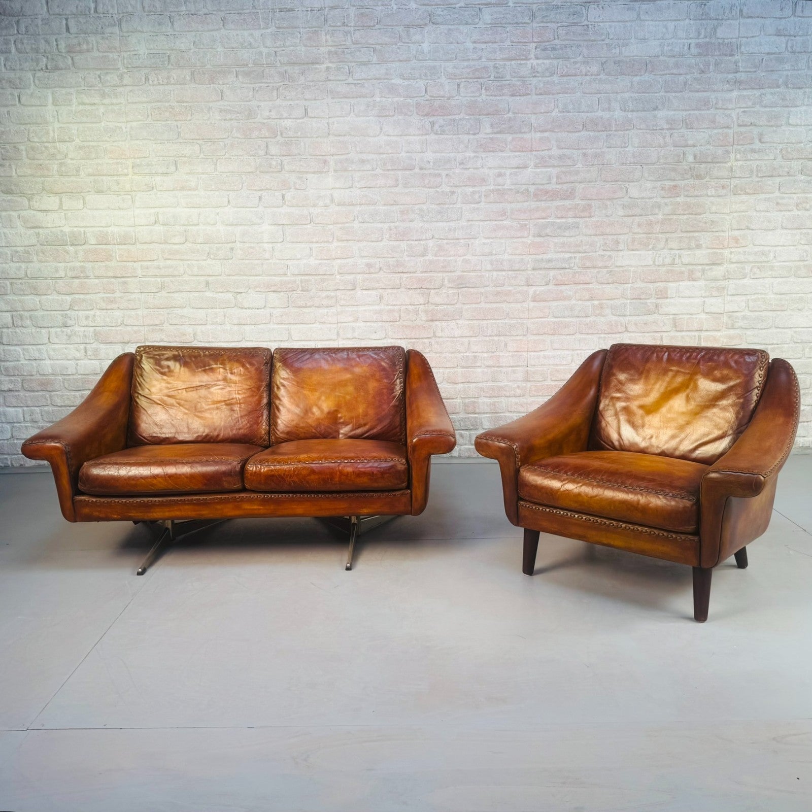 Vintage 60s Aage Christiansen "Matador" Tan Leather 2 Seater Sofa & Chair