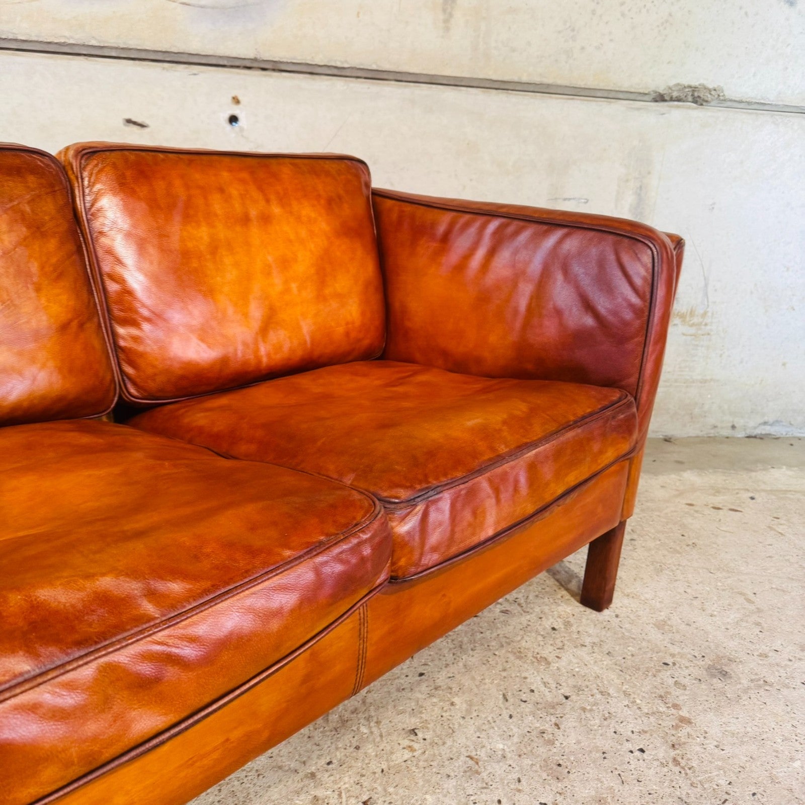 Danish Light Tan Leather 2 Seater Sofa — Elegant Lines