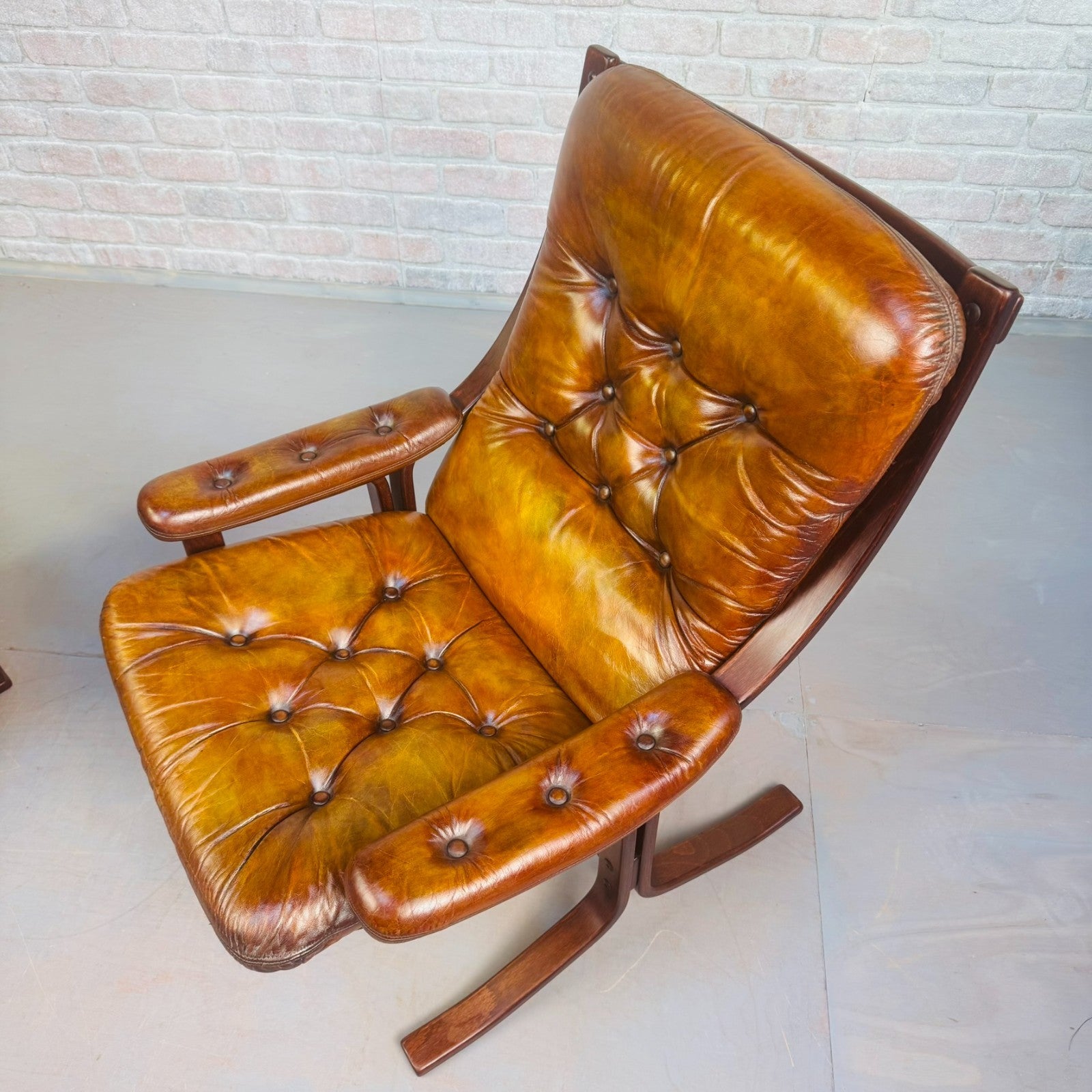 Pair of Vintage Danish Tan Leather Armchairs High Back Mid Century Chairs