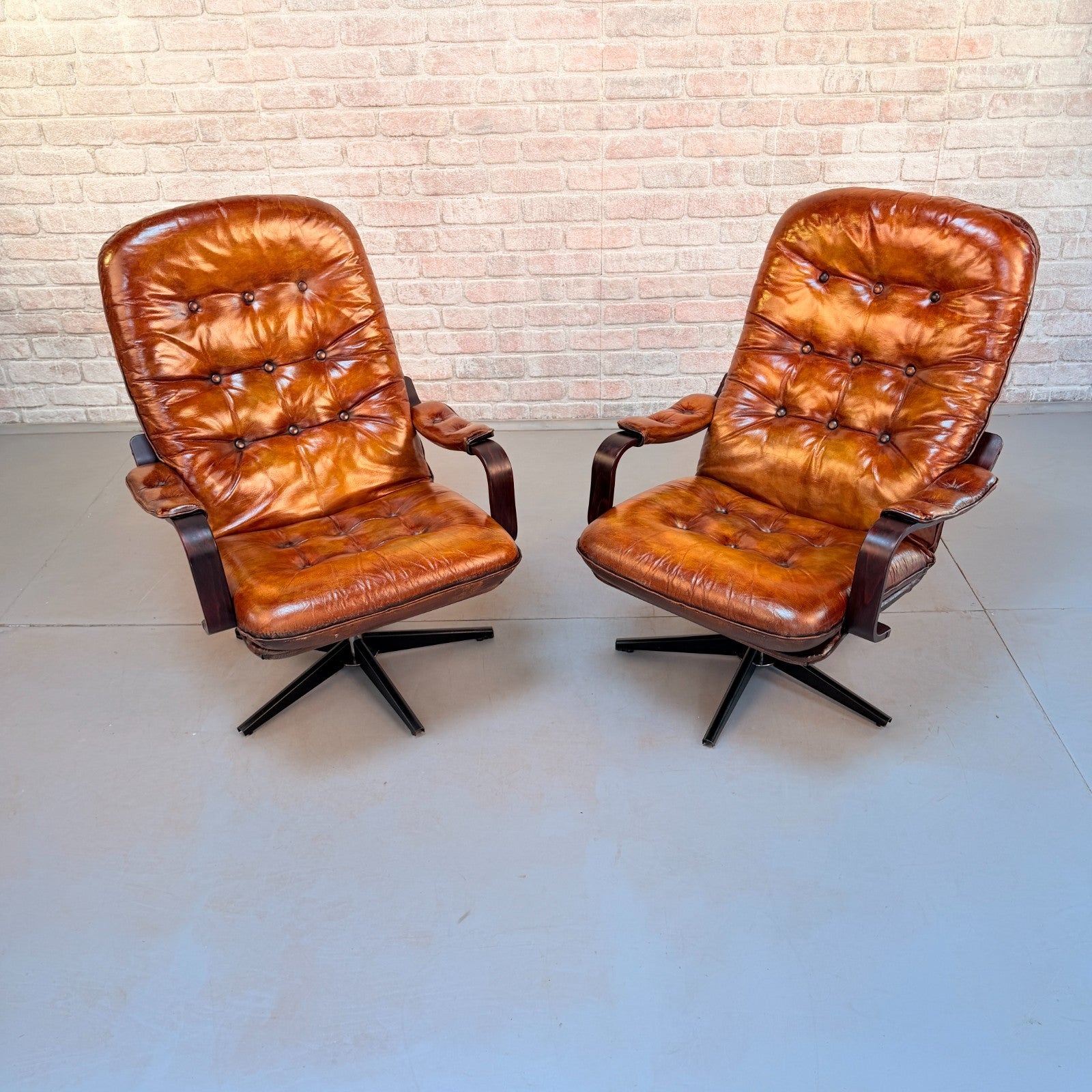 Vintage Pair Danish Tan Leather Swivel Chairs Hand Dyed Cognac Patina