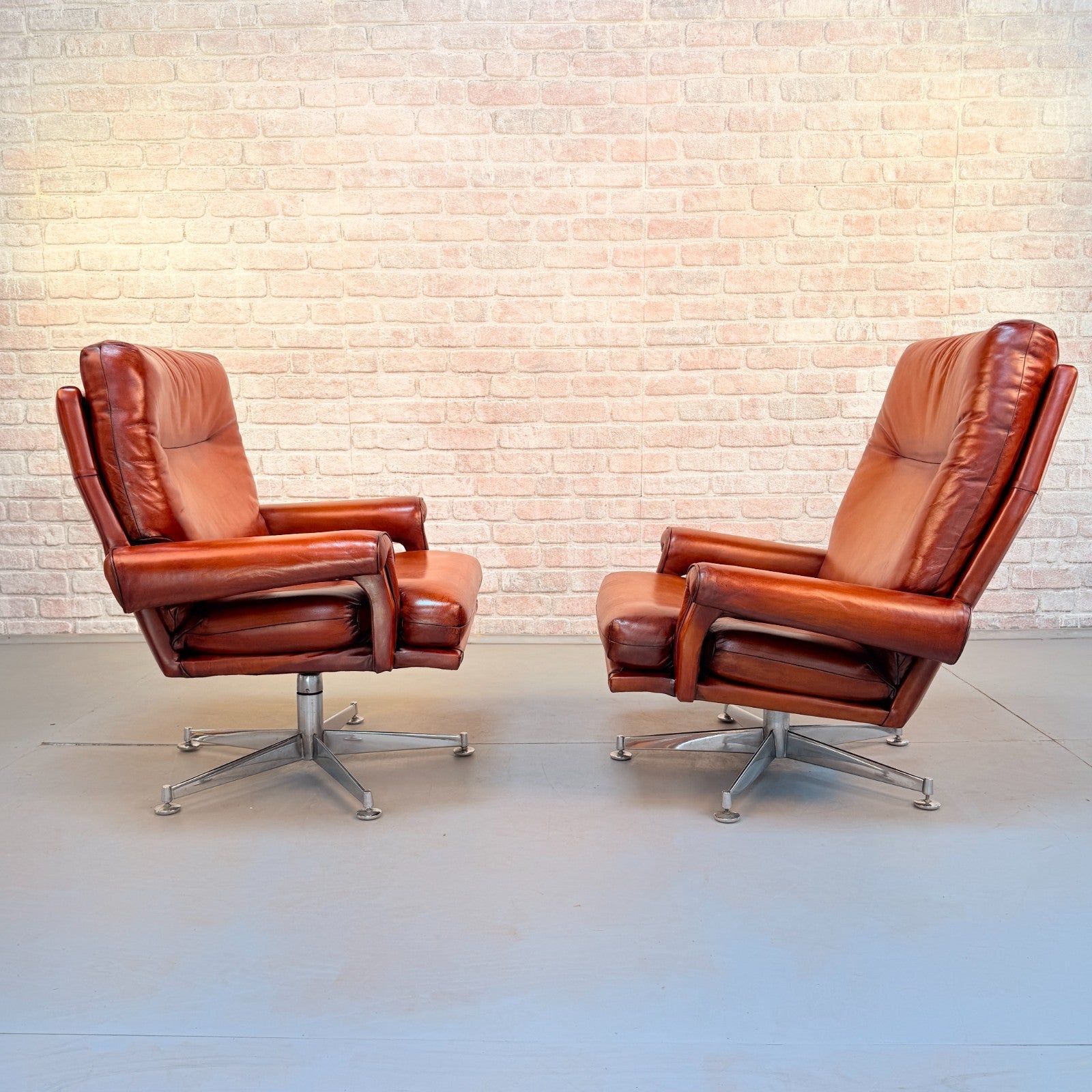 Pair 1970s Howard Keith His & Hers Cognac Leather Swivel Armchairs Vintage