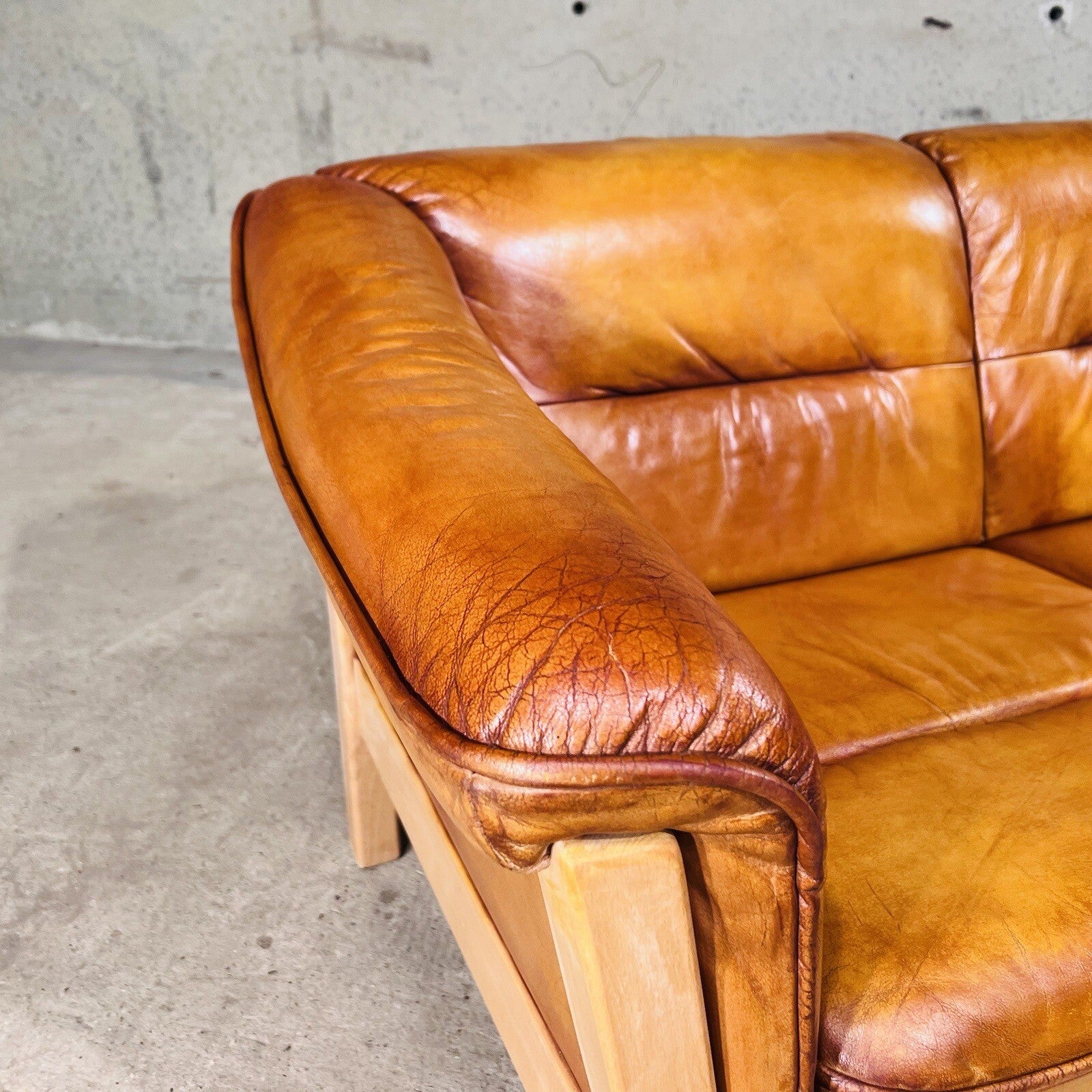Long Vintage Swedish Three-Seater Patinated Tan Leather Sofa