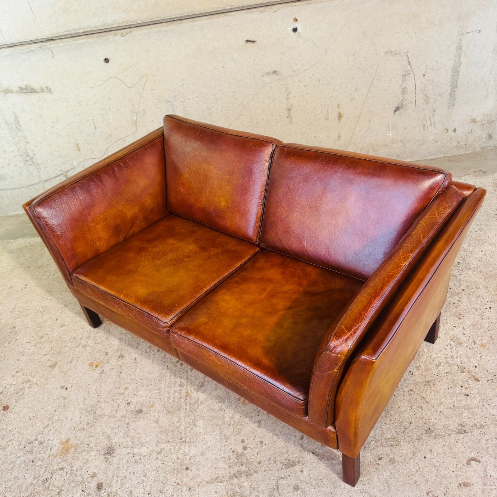 Vintage Danish Tan Leather 2 Seater Sofa — Neat Proportions