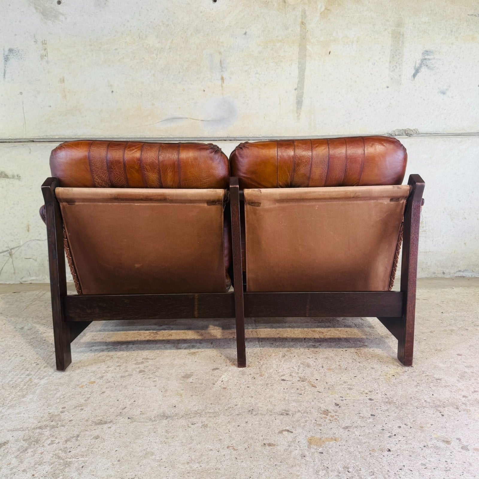 1970s Jean Gillon Brazilian Oak & Tan Leather Two-Seater Sofa — Rustic