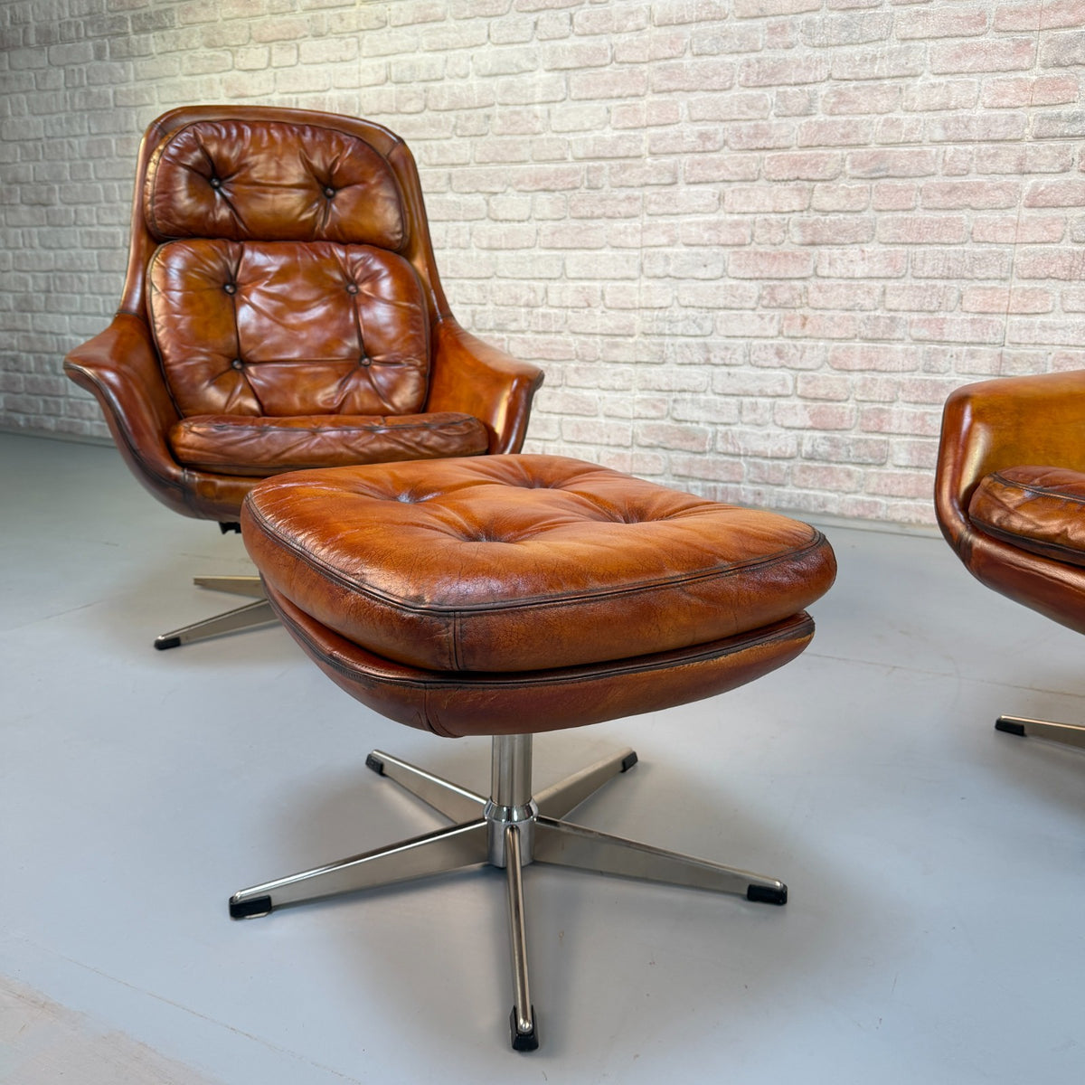 Vintage 1970s H.W. Klein Danish Tan Leather Swivel Egg Chairs & Footstool