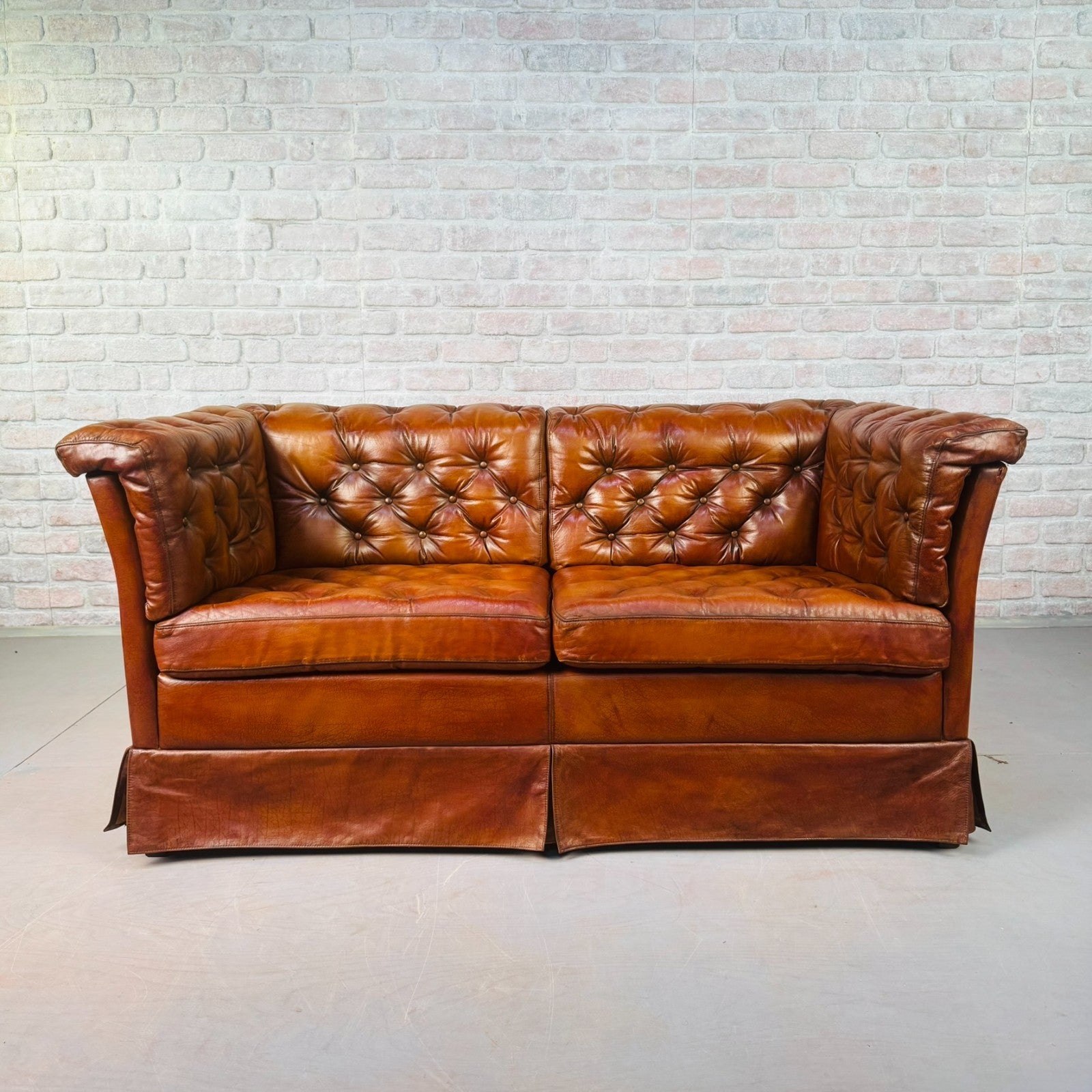 Vintage Danish Tan Leather Two Seater Sofa Fully Buttoned