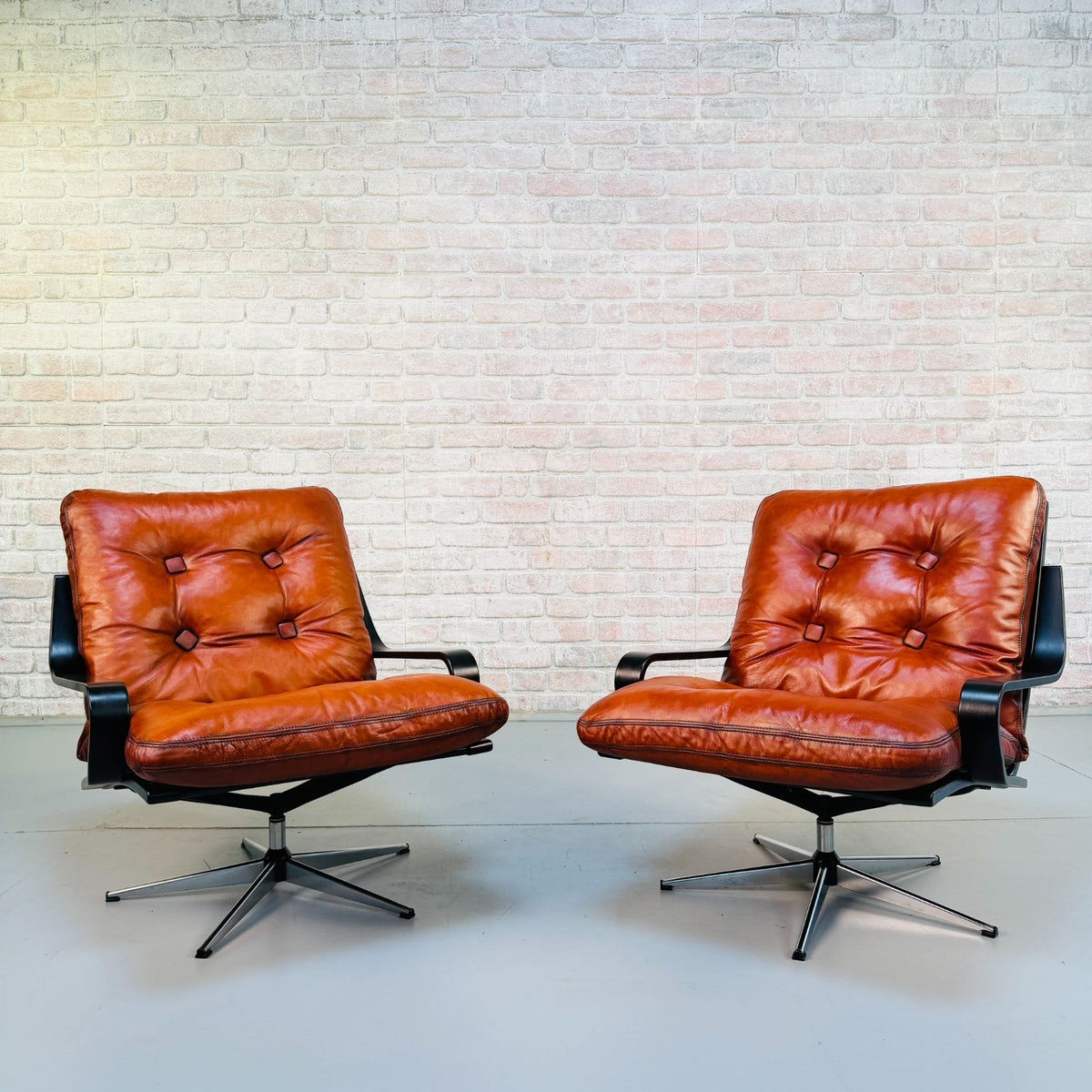 Pair Vintage Danish Cognac Tan Leather Swivel Armchairs Black Beech Frames