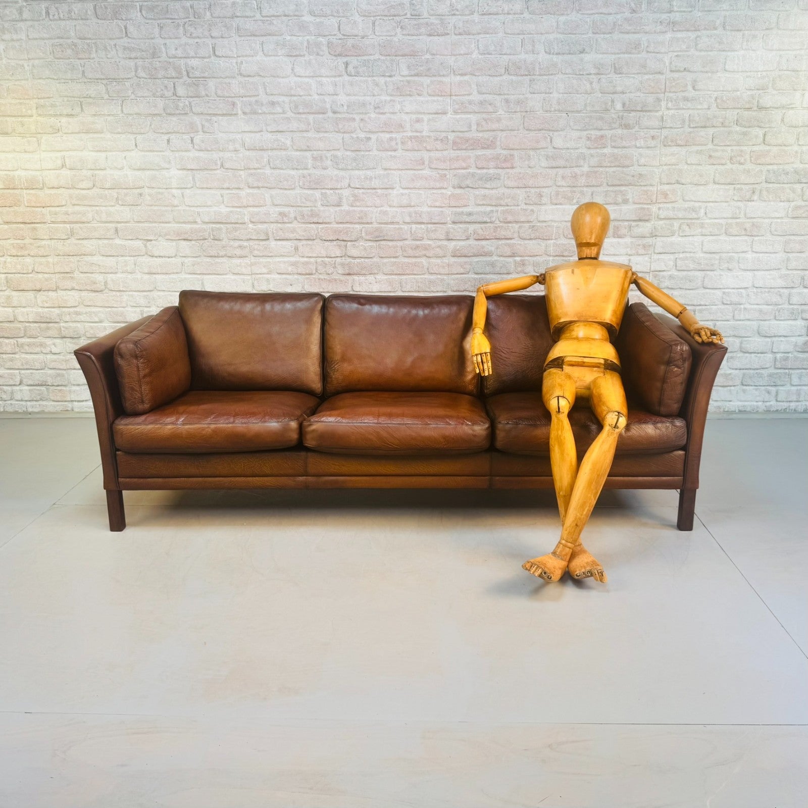 Vintage 1970s Mogens Hansen Danish Three Seater Tan Leather Sofa