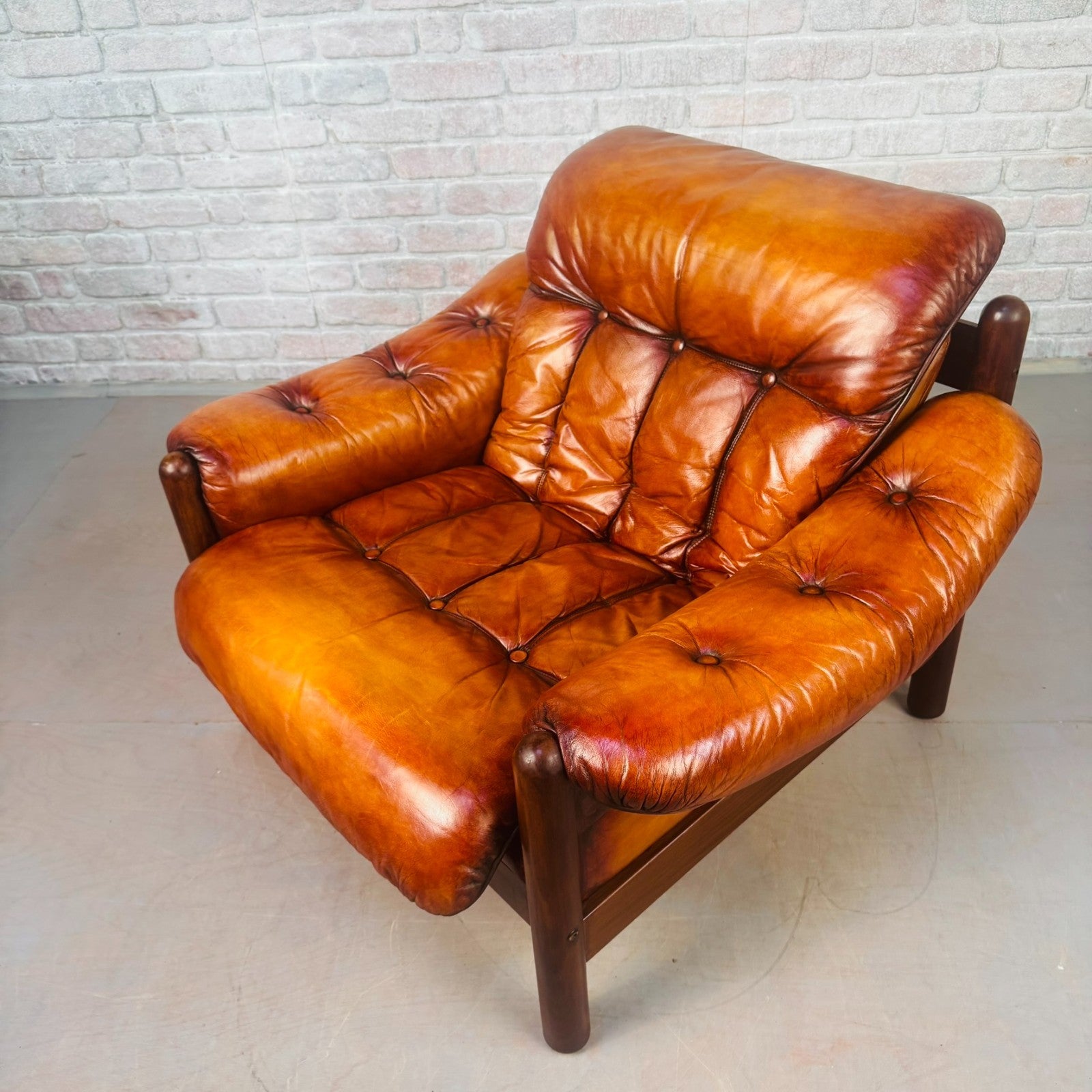 Vintage Swedish Cognac Leather Armchair Mid Century Scandinavian Lounge Chair