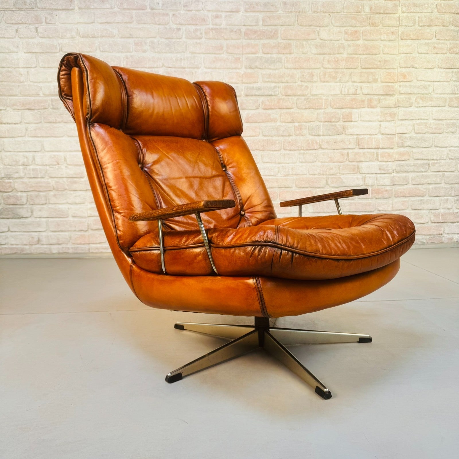 Vintage Danish Swivel Armchair Hand Dyed Tan Leather | Scandinavian Lounge