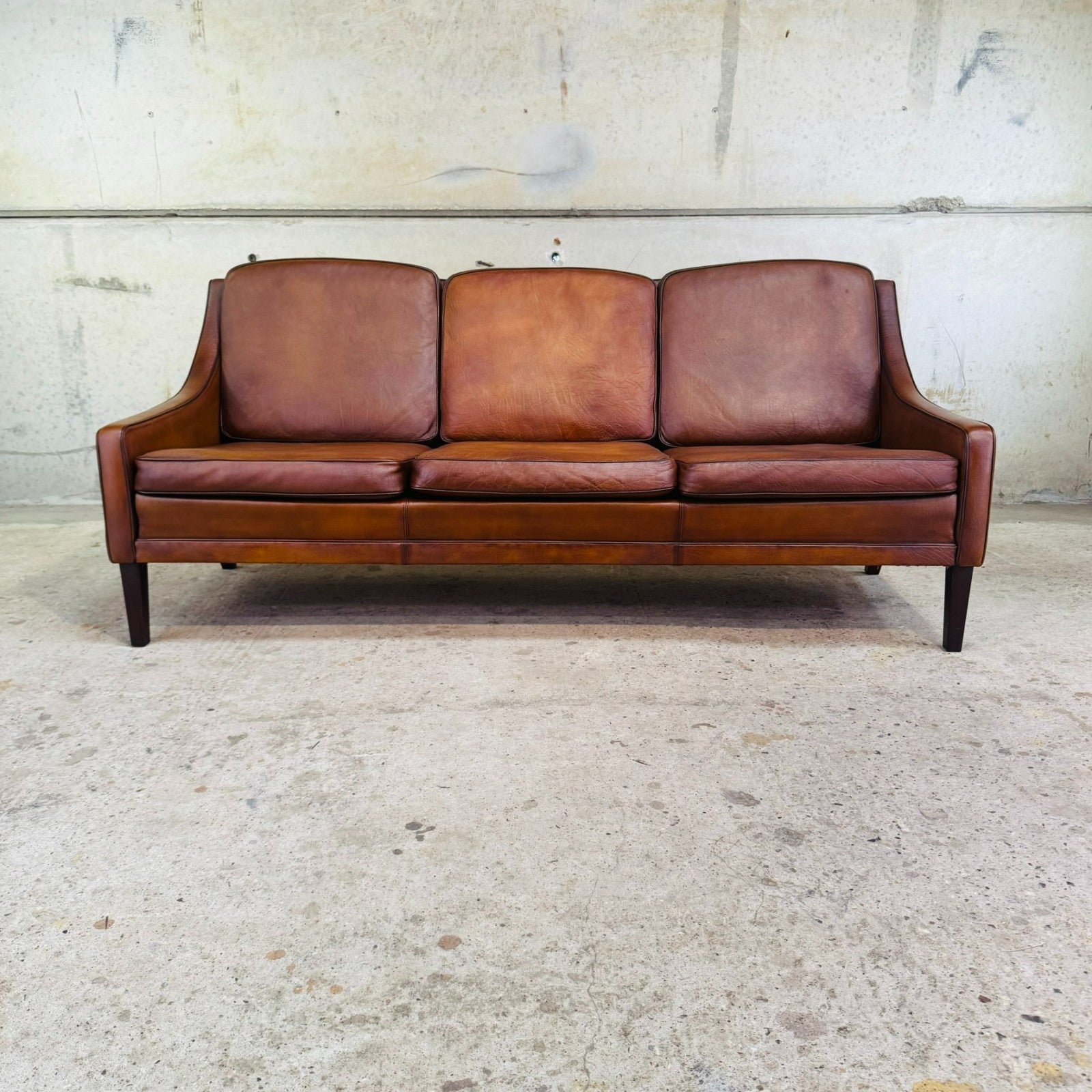 Vintage 1960s Danish Tan Leather Three-Seater Sofa