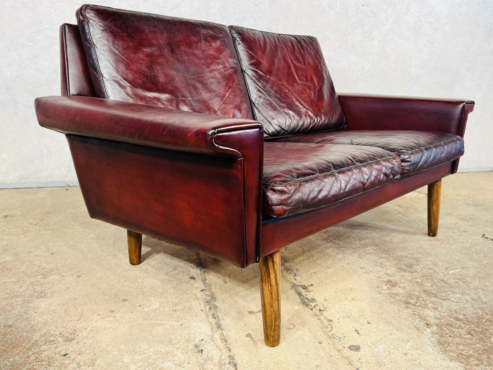 Vintage Svend Skipper Danish 1970 Deep Cherry Leather Two-Seater Leather Sofa