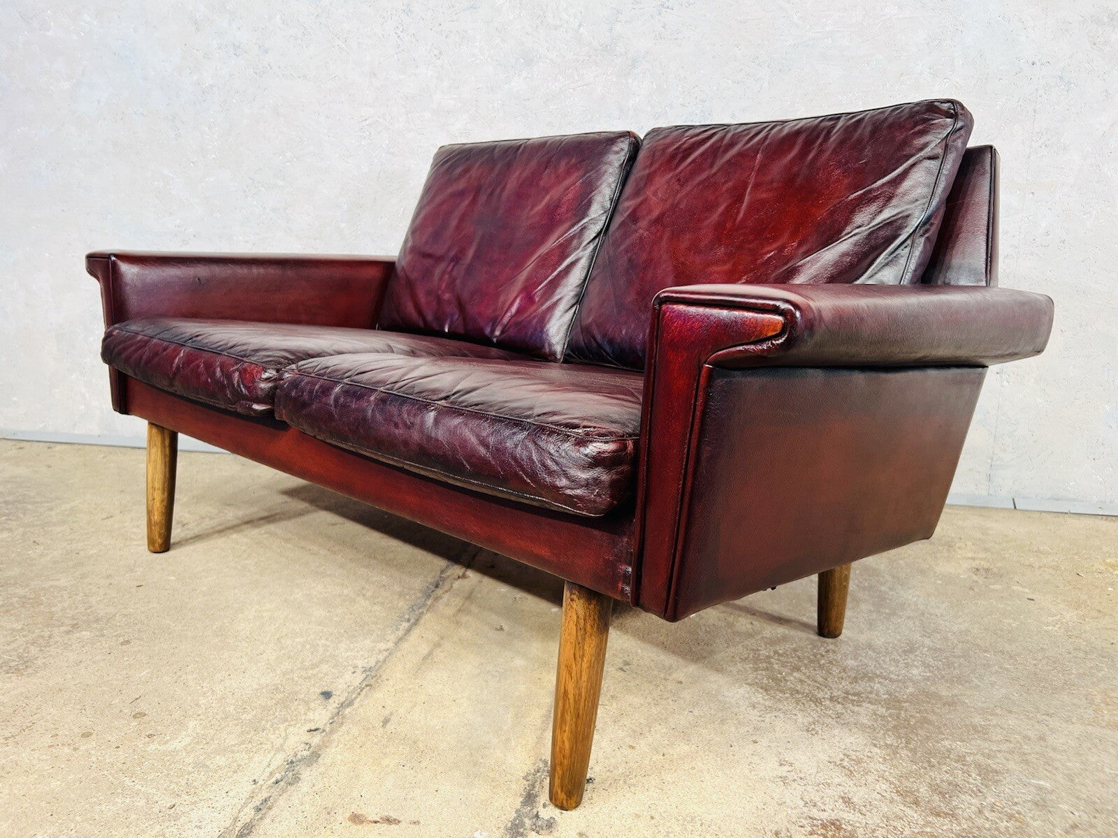 Vintage Svend Skipper Danish 1970 Deep Cherry Leather Two-Seater Leather Sofa