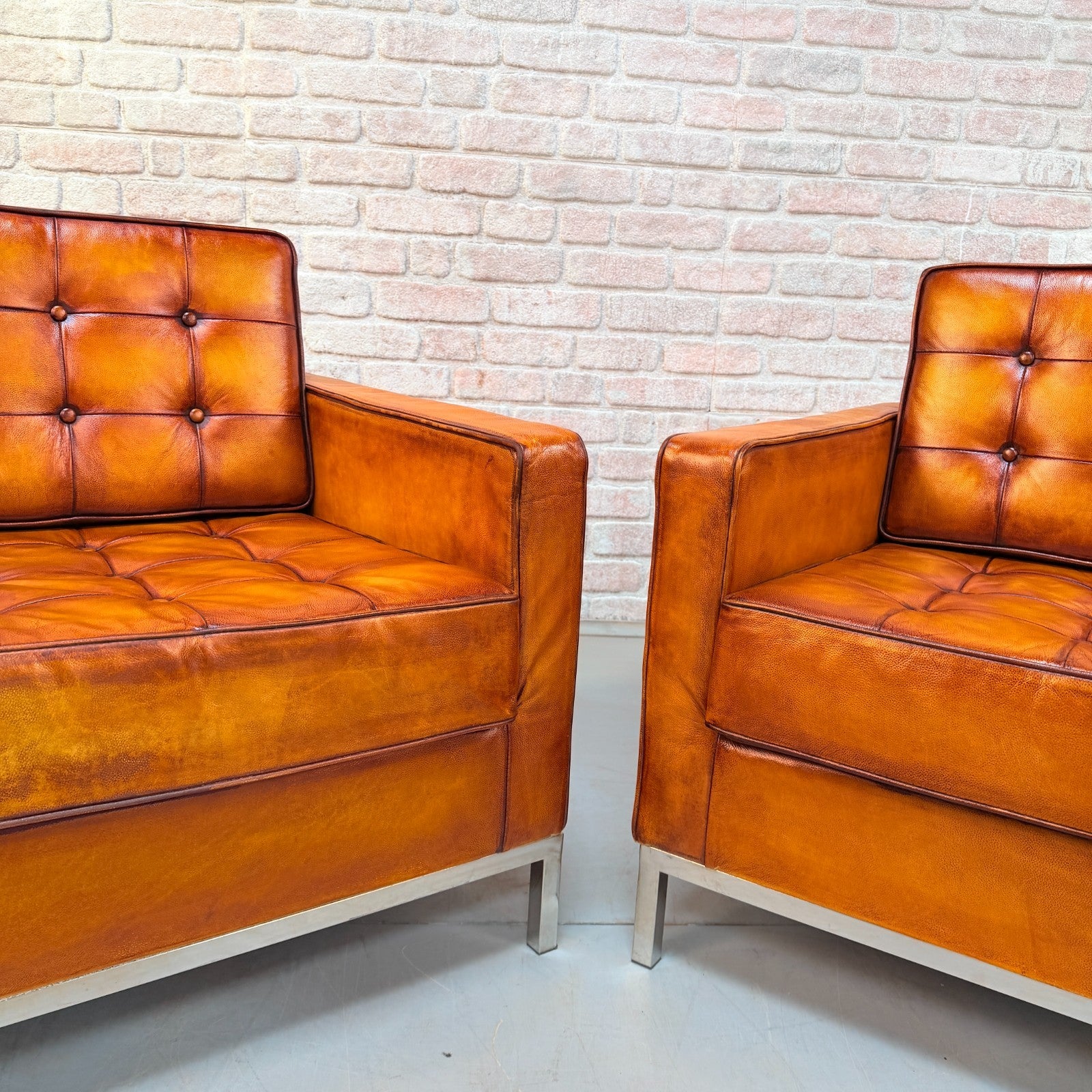 Vintage Pair of Florence Knoll Style Tan Leather Armchairs