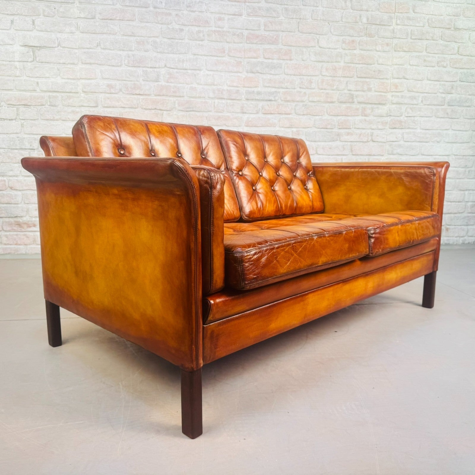 Vintage 1970s Danish Tan Leather 2 Seater Sofa Buttoned Mid Century