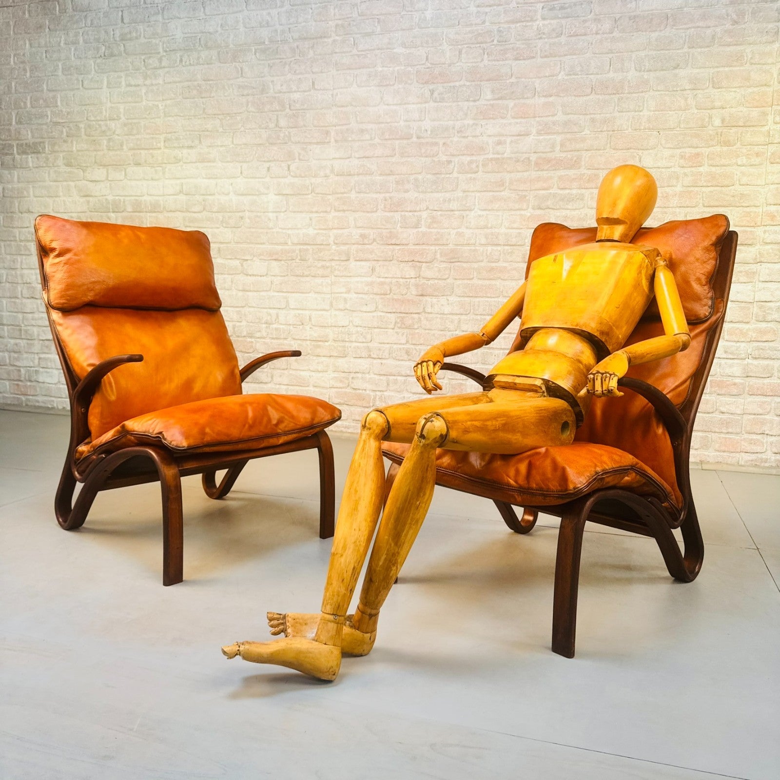 Pair Vintage Danish Bentwood Chairs Tan Leather Elegant Lounge Chairs