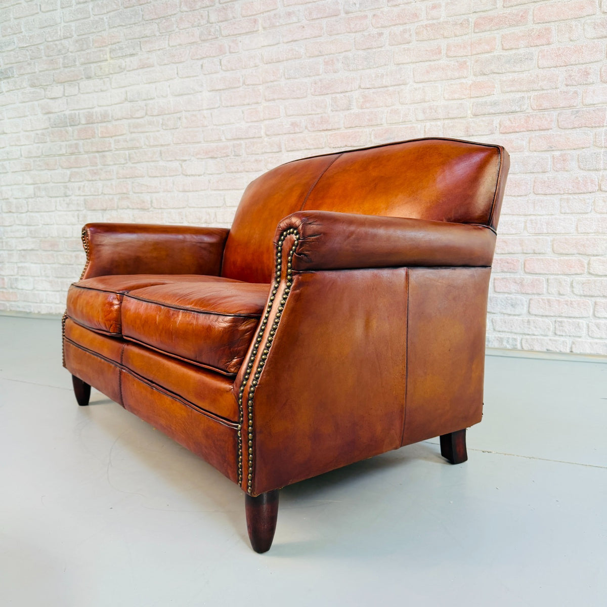 Vintage English Club Hand Dyed Cognac Tan Leather 2 Seater Sofa