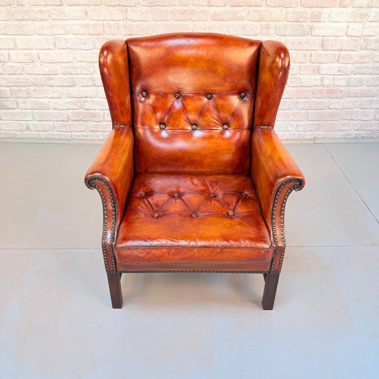 Vintage Danish Cognac Leather Wingback Armchair Hand Dyed Patina Chair