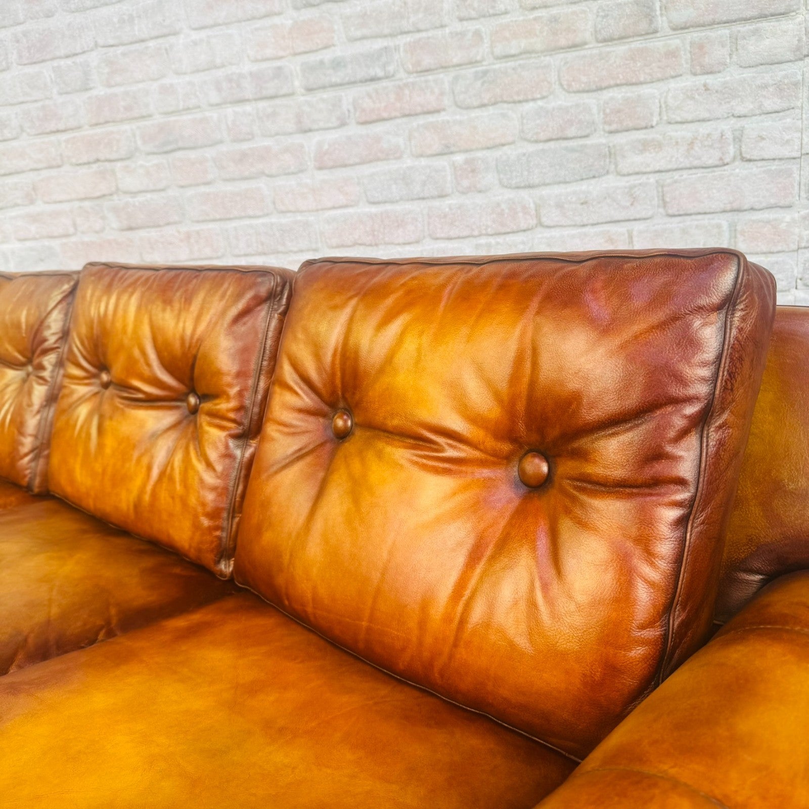 Vintage 1970s Svend Skipper Tan Leather 3 Seater Sofa Chrome Ski Legs