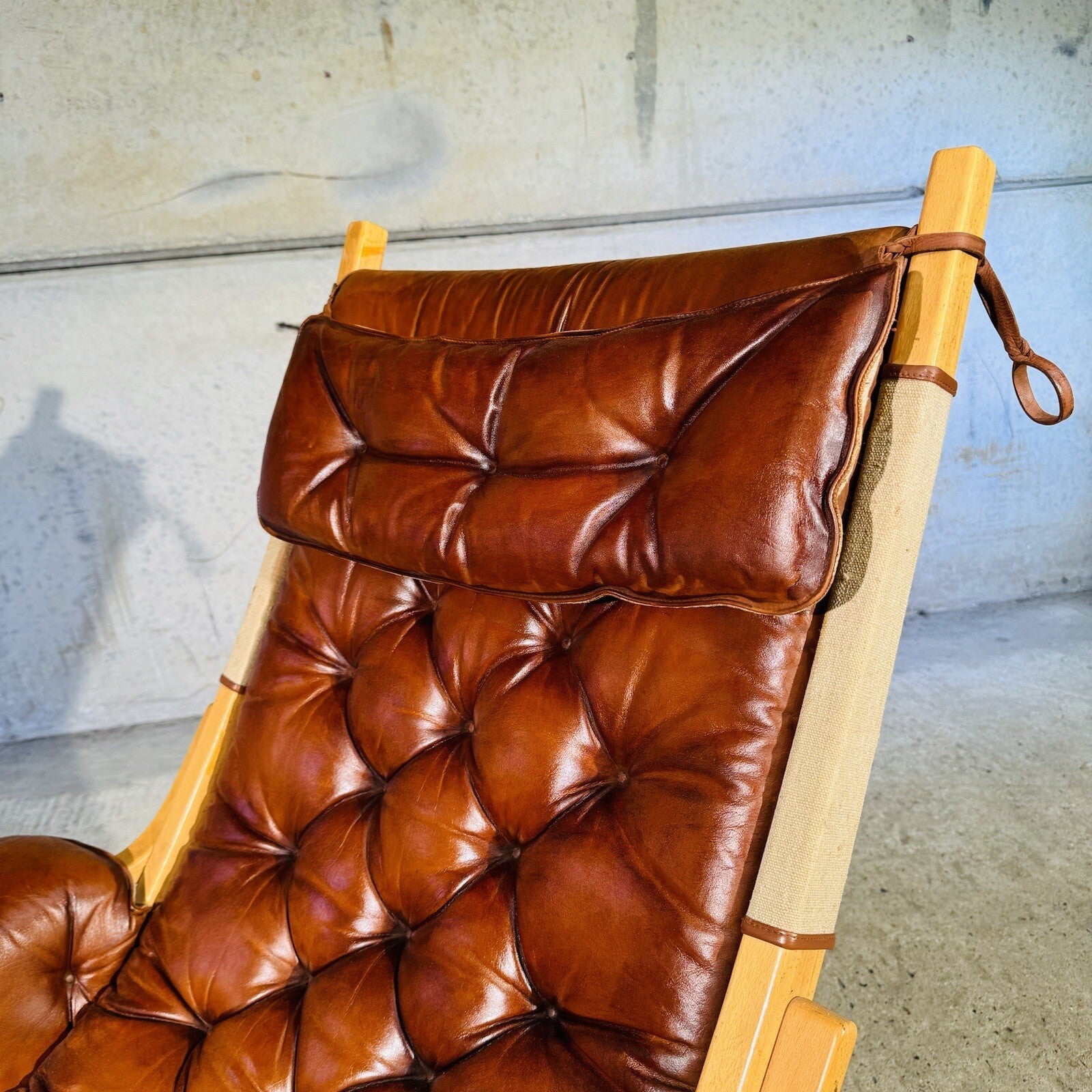 Stylish Swedish 1970s Tan Leather And Canvas Armchair and Footstool
