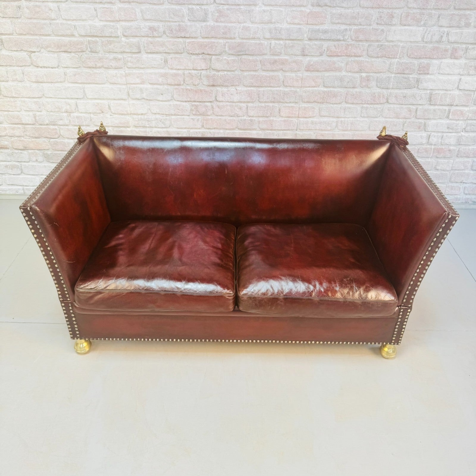 Vintage Danish Knole Style Two Seater Chestnut Brown Leather Sofa