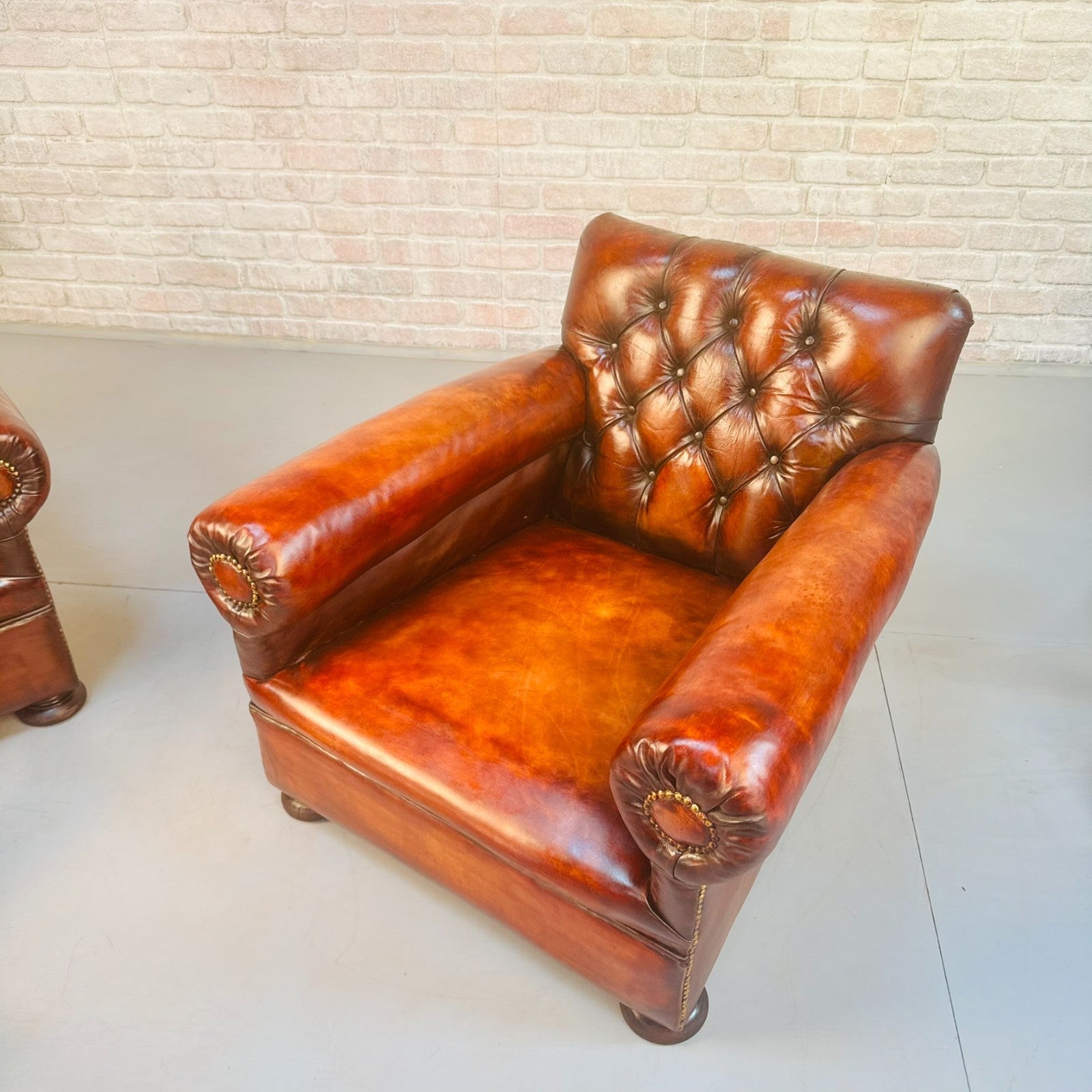 Pair 1920s English Cognac Leather Club Chairs Deep Seated Armchairs