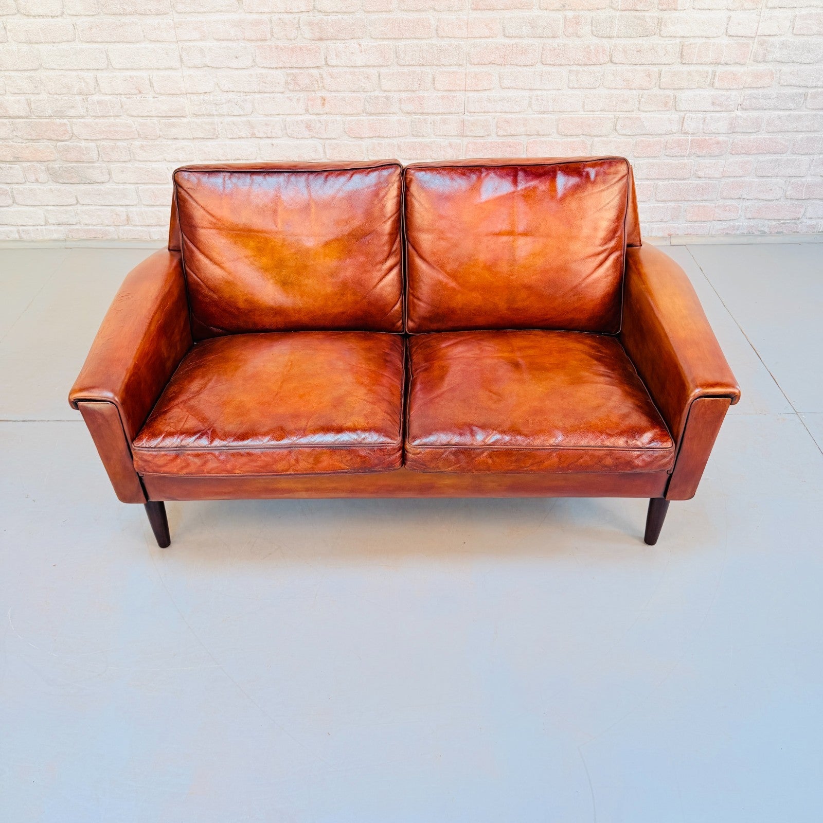 Vintage 1970s George Thams Tan Leather 2 Seater Sofa Hand Dyed Patina