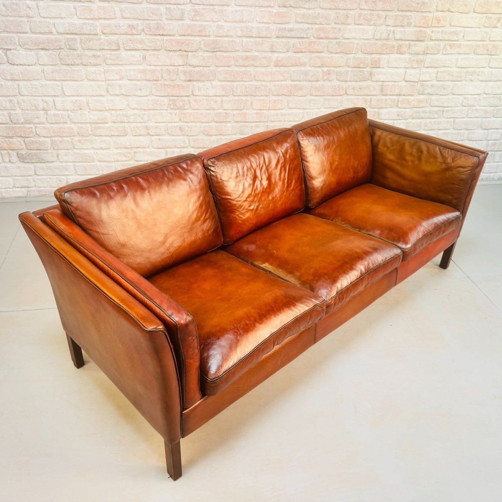 Vintage 1970s Danish Tan Leather Three Seater Sofa