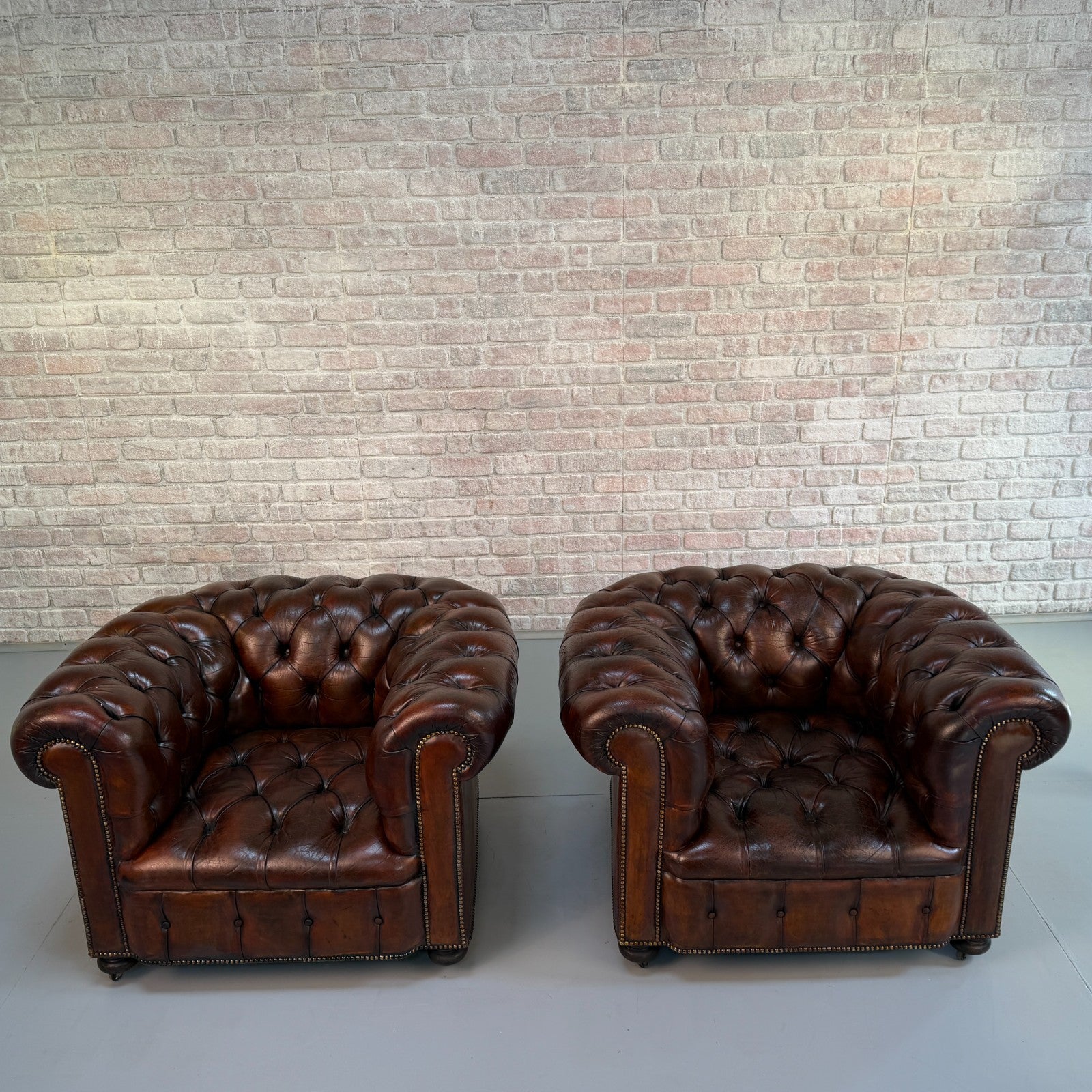 Vintage Pair of Chesterfield Dark Tan Leather Lounge Chairs – Circa 1950