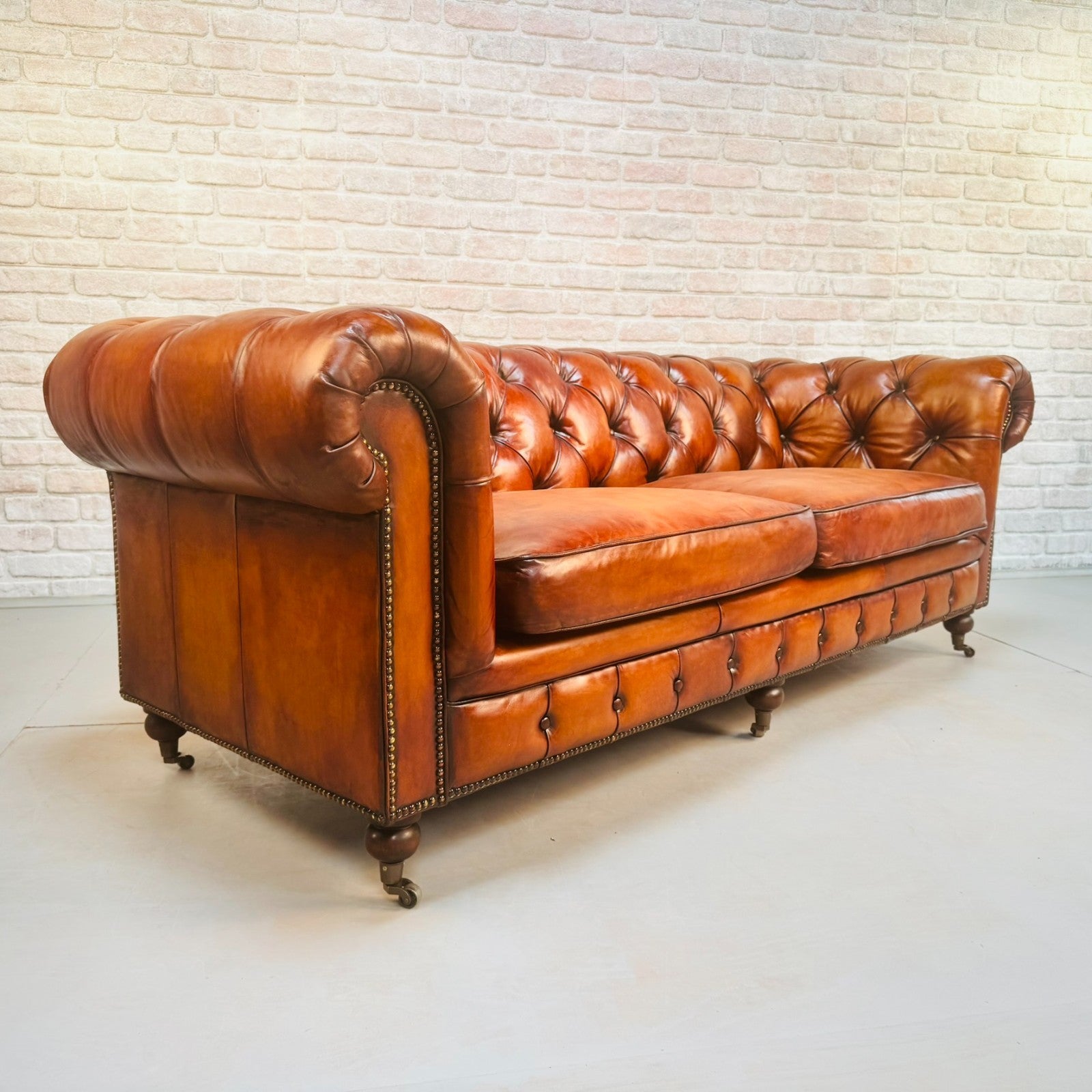 Vintage English Three Seater Tan Leather Chesterfield Sofa