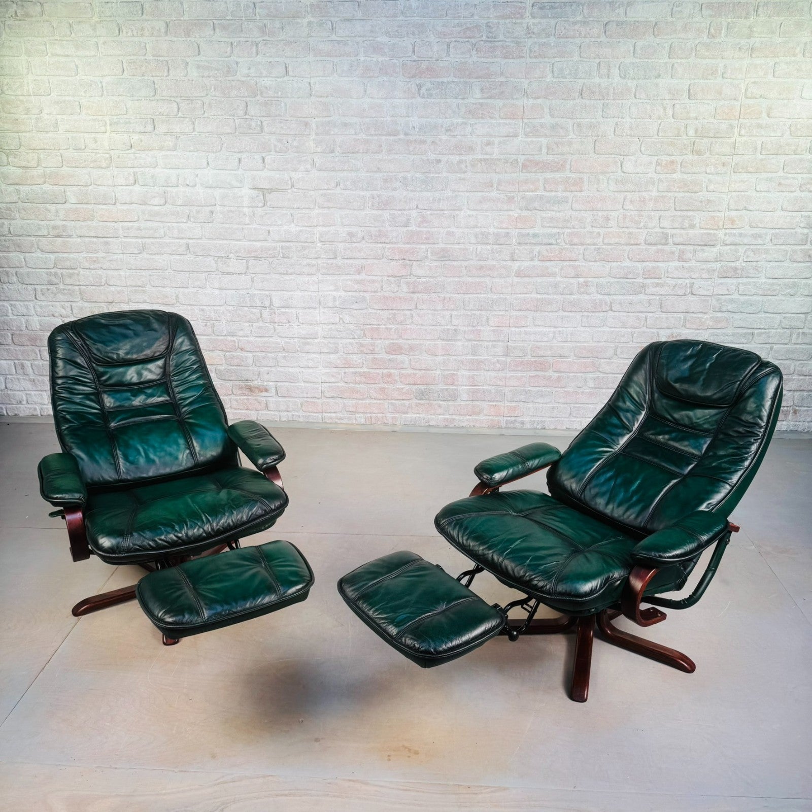 Vintage Pair of Norwegian Green Leather Reclining Swivel Chairs with Footstools
