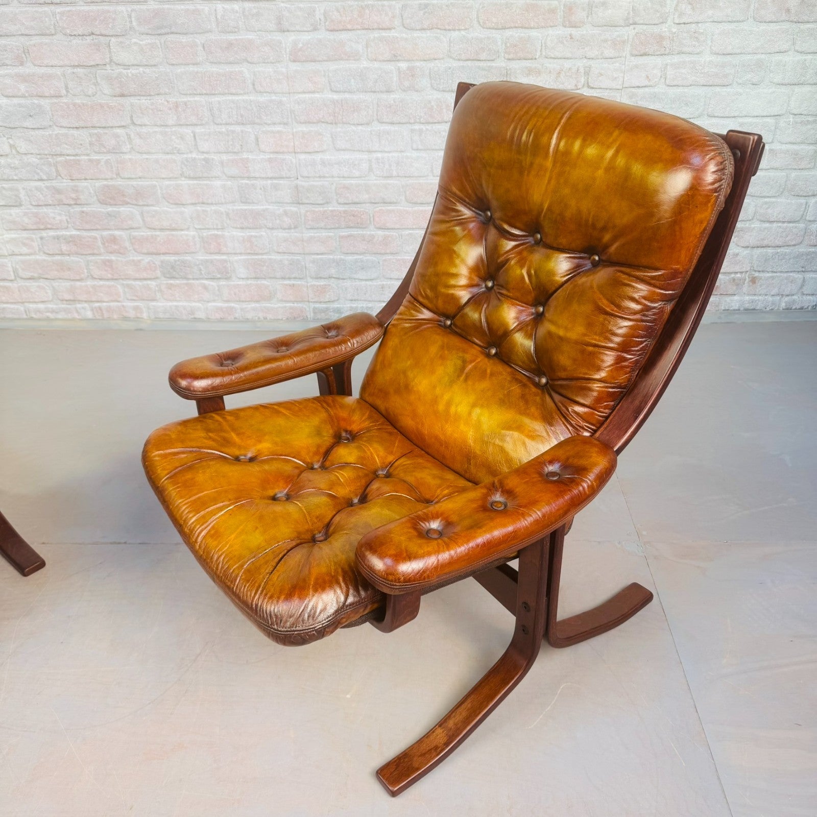 Pair of Vintage Danish Tan Leather Armchairs High Back Mid Century Chairs
