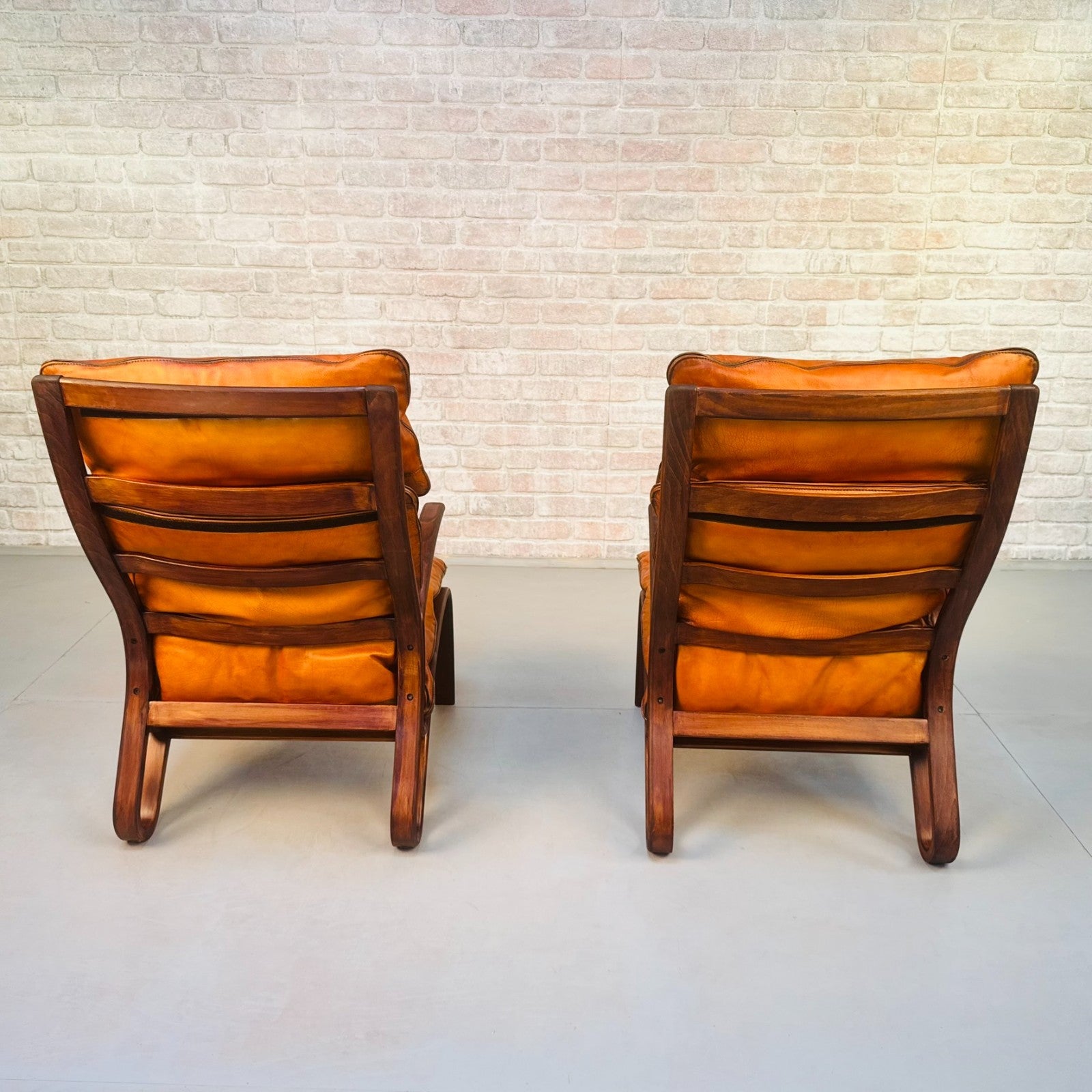 Pair Vintage Danish Bentwood Chairs Tan Leather Elegant Lounge Chairs